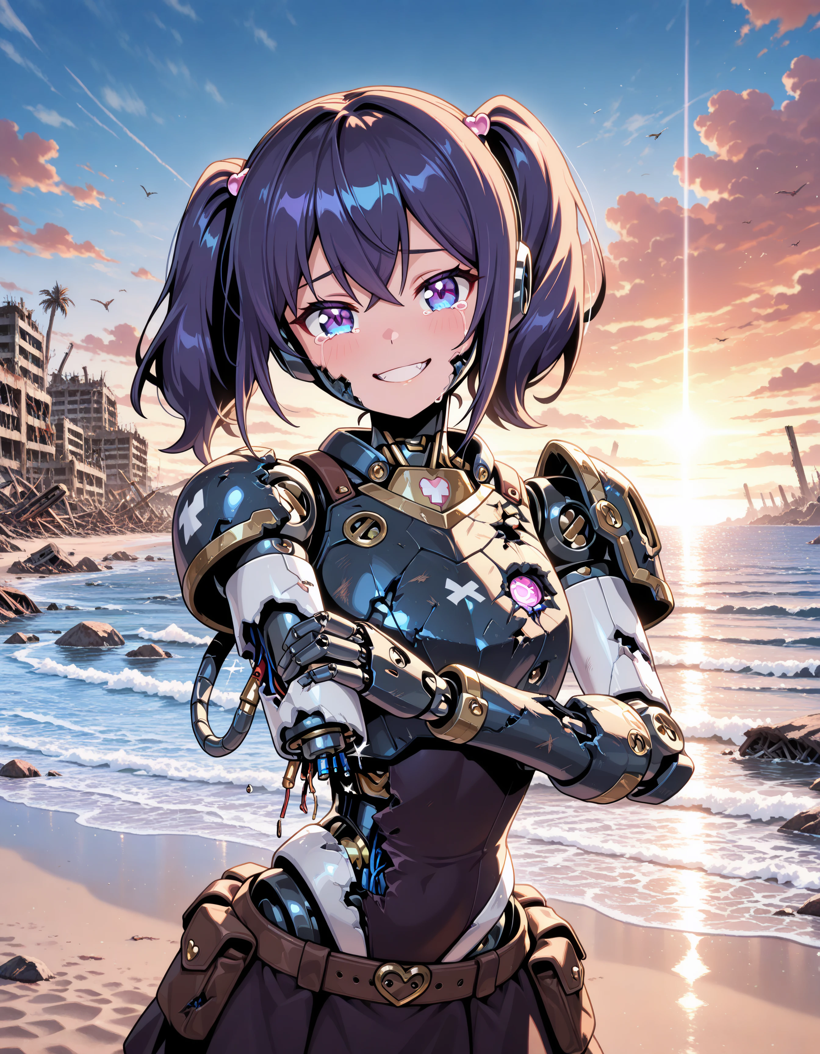 1girl, mechabare, apocalypse, amputee, damaged armor, android robot, wires, holding a broken arm, looking at viewer, smiling with tears, (clothed, ultra kawaii), outdoor, beach, hdr, low contrast,
(masterpiece, best quality, absurdres), masterpiece, highres, perfect anatomy, anime style, anime screenshot, 8k wallpaper, ultra high quality, (extremely detailed cg), (perfect lighting), (sharp image), AddXL,