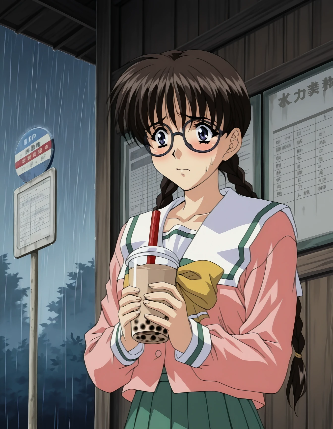<lora:shuusaku-ova-illustrious-000008:1> shiho, glasses, twin braids, serafuku, pleated skirt, 1girl, solo, nervous, awkward, bubble tea, bus stop, rain, upper body, masterpiece, best quality