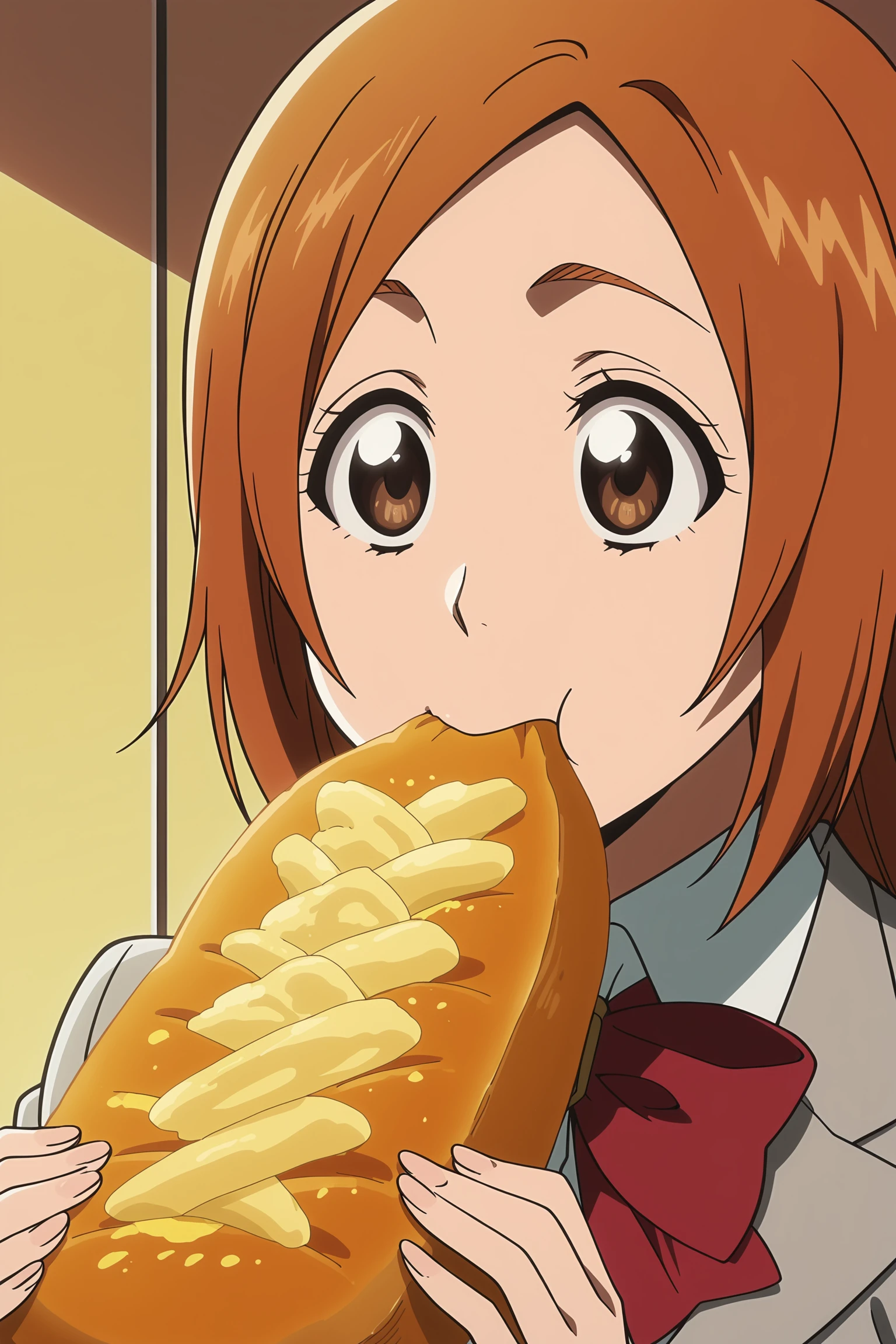 anime screencap, anime coloring, perfect lighting, detailed face,
 <lora:Orihime_Inoue_Bleach_Thousand-Year_Blood_War_art_style_-_Illustrious:.8>
1girl, inoue orihime, eating, solo, red bow, bowtie, comically oversized large loaf of bread, bow, holding, long hair, red bowtie, orange hair, jacket, shirt, brown eyes, food, school uniform, white shirt, upper body, blazer, Orihime gray uniform
