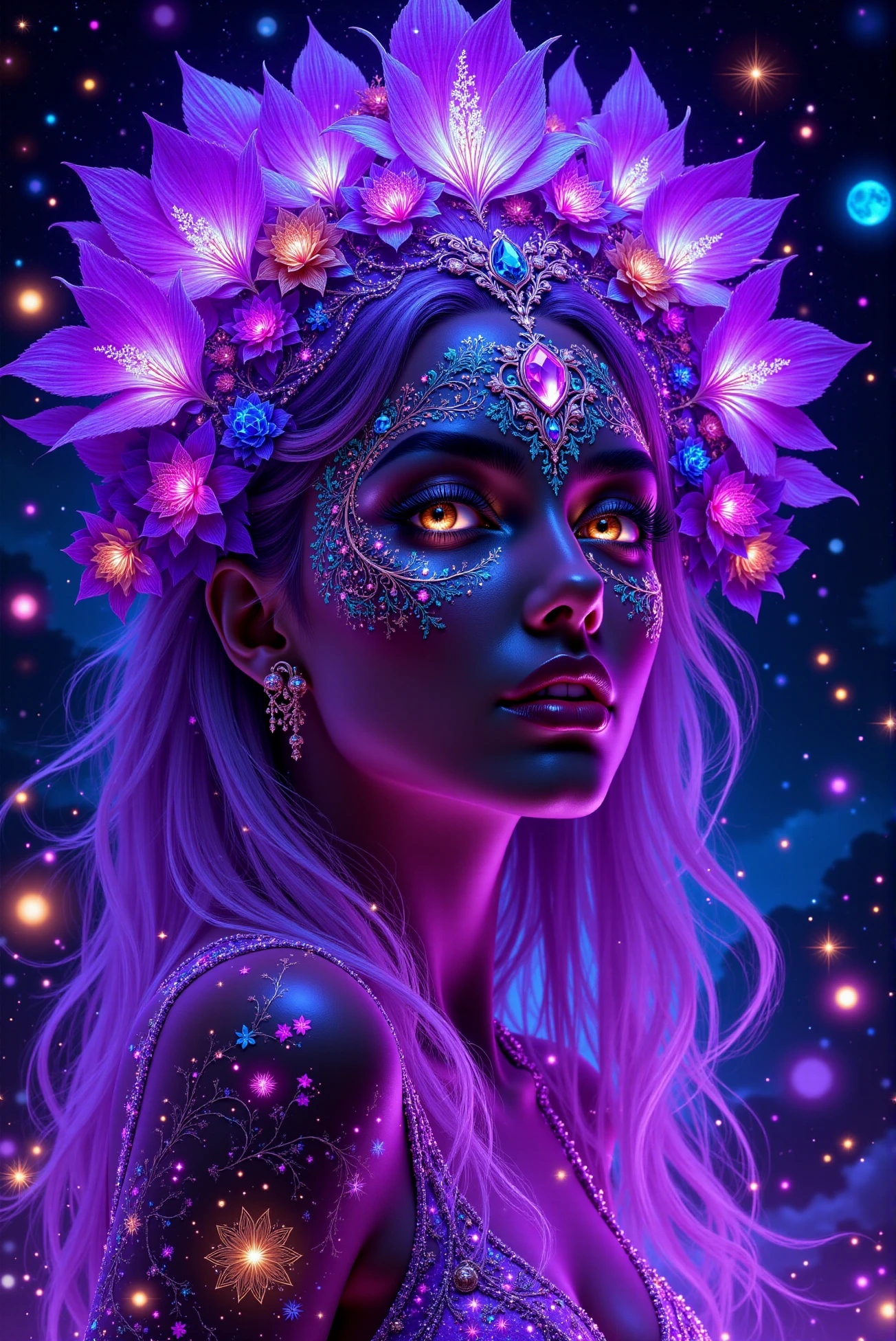 <lora:DGLO_style_v.81:0.8> DGLO style. A striking portrait of a fantasy cyber-enchantress, her ethereal beauty enhanced by a blend of futuristic elegance and organic, floral intricacy. Her glowing amber eyes pierce through the darkness, framed by bold lashes and intricate floral tattoos that bloom from her temples in bioluminescent hues. Her hair flows in radiant waves of silver and violet, intertwining with neon filaments that pulse with electric energy. Atop her head sits an intricate headdress resembling a cosmic flower, adorned with crystalline petals and a radiant gemstone at its core, surrounded by delicate strands of glowing pearls. The cosmic background swirls with neon arcs, intricate floral mandalas, and floating celestial symbols, creating a mesmerizing dance of colors and shapes that reflect her enigmatic nature. Her expression is serene yet powerful, exuding a sense of divine wisdom and otherworldly allure.