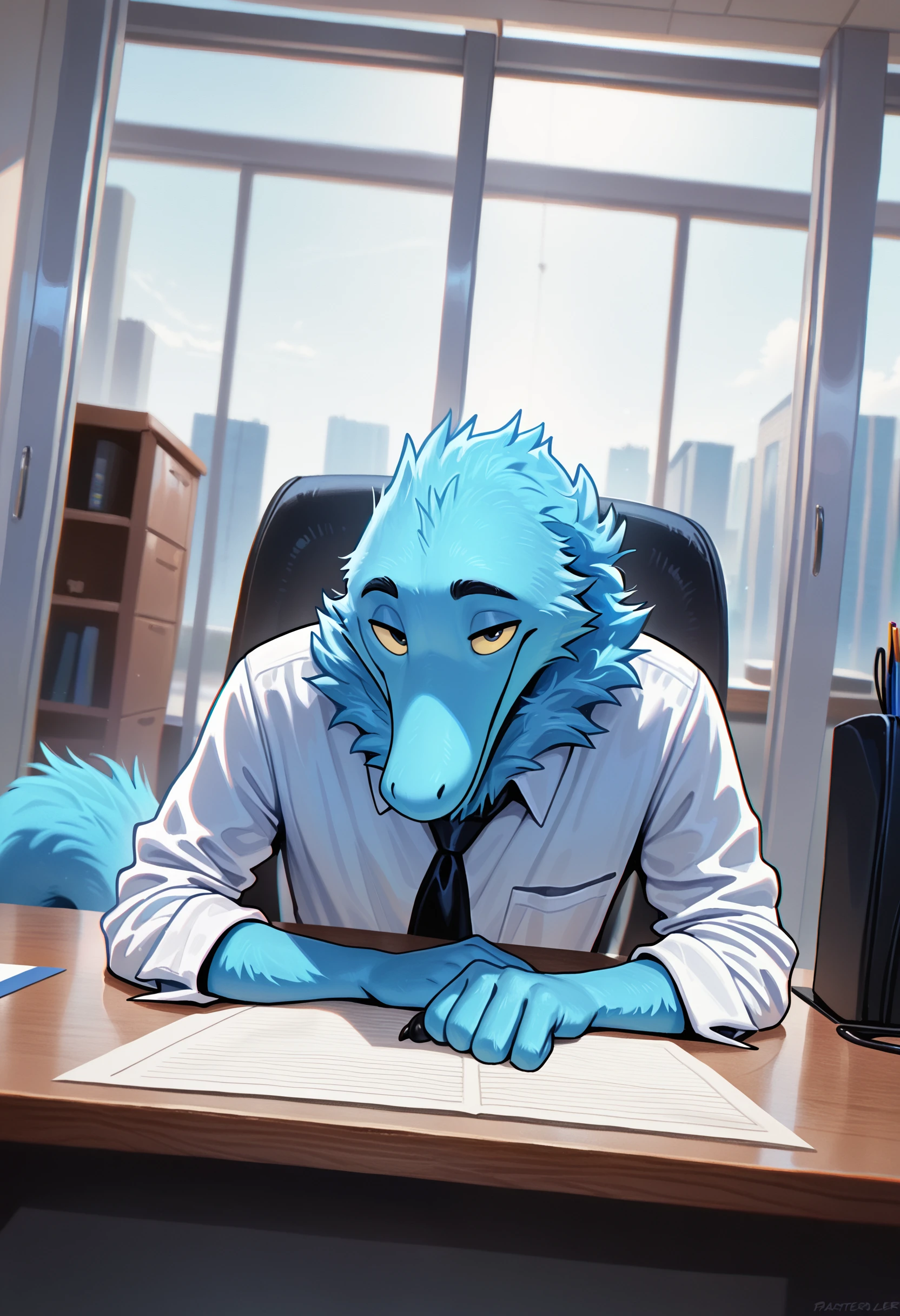 photorealism, photorealistic, chromatic aberration, depth of field, detailed background, reflections, detailed fur, looking at viewer, dutch angle, solo, 1boy, male, squirmle, anthro, no humans, solo, tail, male focus, 1boy, furry, office, flirty expression, seductive glance, sound effect, (artist:syuro:0.8), (artist:nomax:0.5), (artist:honovy:0.6), (artist:kenket:0.6), (artist:taran fiddler:0.6), masterpiece, best quality, amazing quality, very aesthetic, absurdres, newest, <lora:Squirmle_Species_Illustrious:1.0>,