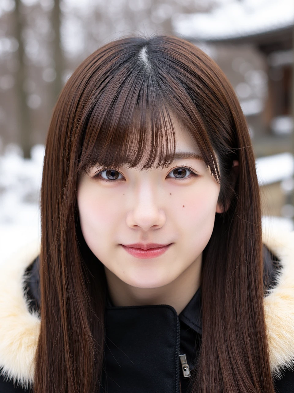 Facial close-up, A young Asian woman named odakura with long, straight brown hair and bangs, and fair skin. She wears a black coat and a cream-colored fur scarf. The background features a blurred, snowy landscape with trees and traditional Japanese architecture. Her expression is neutral, and she appears to be in an outdoor setting.