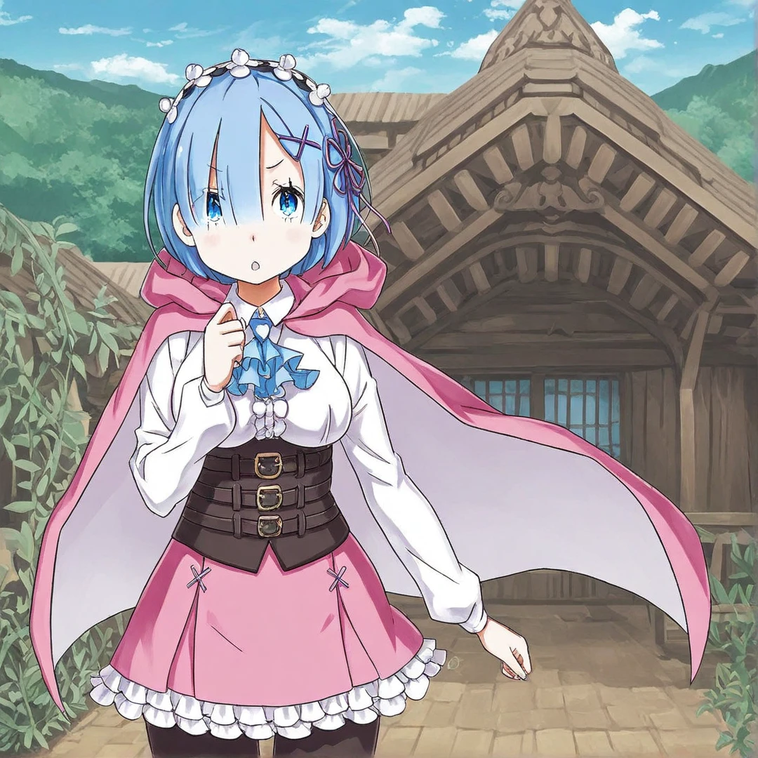 rem(arc7-8), wears a long-sleeved pink dress, with white frills at the hem of the long skirt, pink boots, black leggings, and a pink cloak, medium length sky blue hair that covers her right eye, large light blue eyes, has hair clips towards the left side of her hair, a flower-shaped ribbon on the same side of her hair, a maid hairband, ribbon colouring, large breasts, in a town, jungle, jungle vines, animals