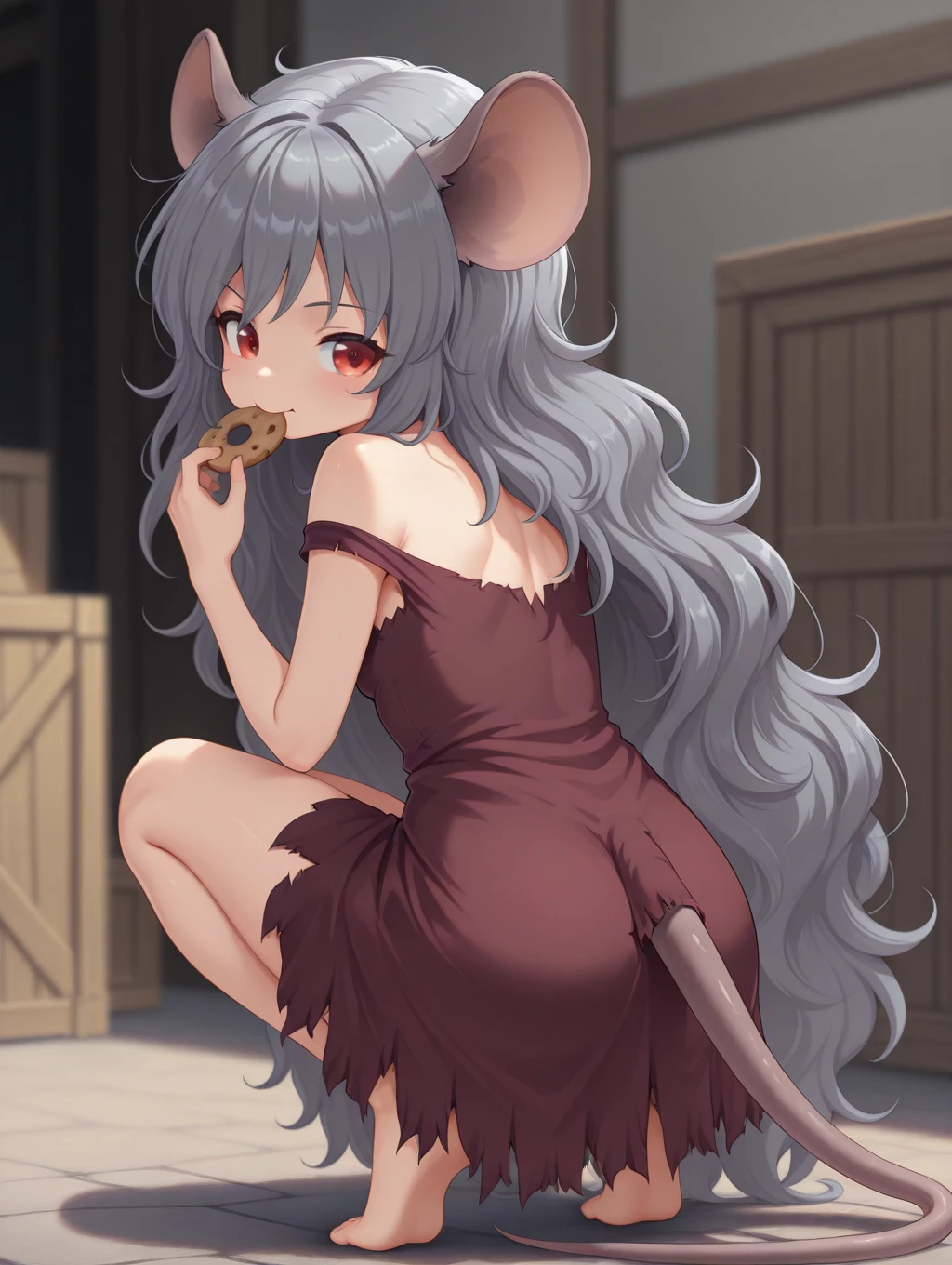 ((best quality)), ((highly detailed)), masterpiece, (detailed eyes, deep eyes), (1girl), cowboy shot, <lora:aiomonstergirls_loraLocon:.5>, (rat girl), rat ears, rat tail, (indoors, in a stairway), <lora:style_piromizu:1.1>