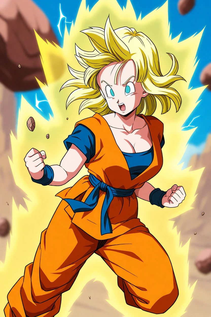 masterpiece,best quality,maron,1girl,solo, blonde hair, aqua eyes,super saiyan,(yellow aura),spiked hair, martial arts clothes, orange vest, dark blue shirt, short sleeves, orange pants, blue wristband, dark blue sash,collarbone,floating hair,blue electricity, open mouth,cleavage,light blue eyes,blue sky,blurry background, floating rocks,asymmetrical bangs,no pupils, <lora:MaronIllus:1> <lora:KrillinIllus:0.3>