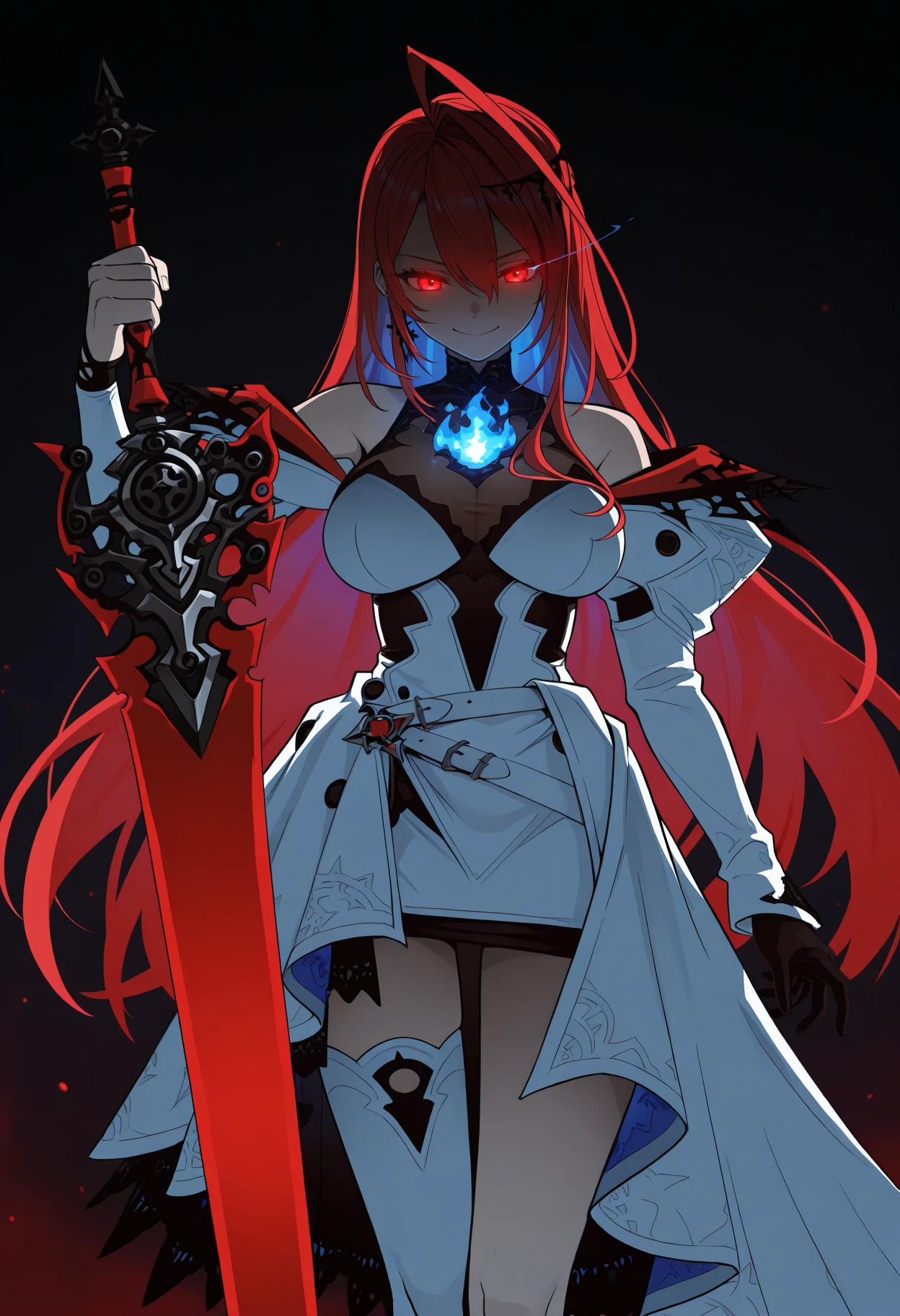 masterpiece, best quality, 1girl, solo, El1zabethDef, red eyes, red hair, colored inner hair, long hair, huge ahoge, hair ornament, earrings, sleeveless dress, white dress, asymmetrical dress, see-through cleavage, white belt, white jacket, off-shoulder, blue fire, fire on chest, black gloves, single glove, white thighhighs, single thighhigh, holding sword, planted sword, looking down, looking at viewer, high contrast, dark theme, darkness, glowing eyes, eye trail, smile, commanding, assertive female, <lora:ChamElizabethRoseBloodflameV2IllustriousXL:1>