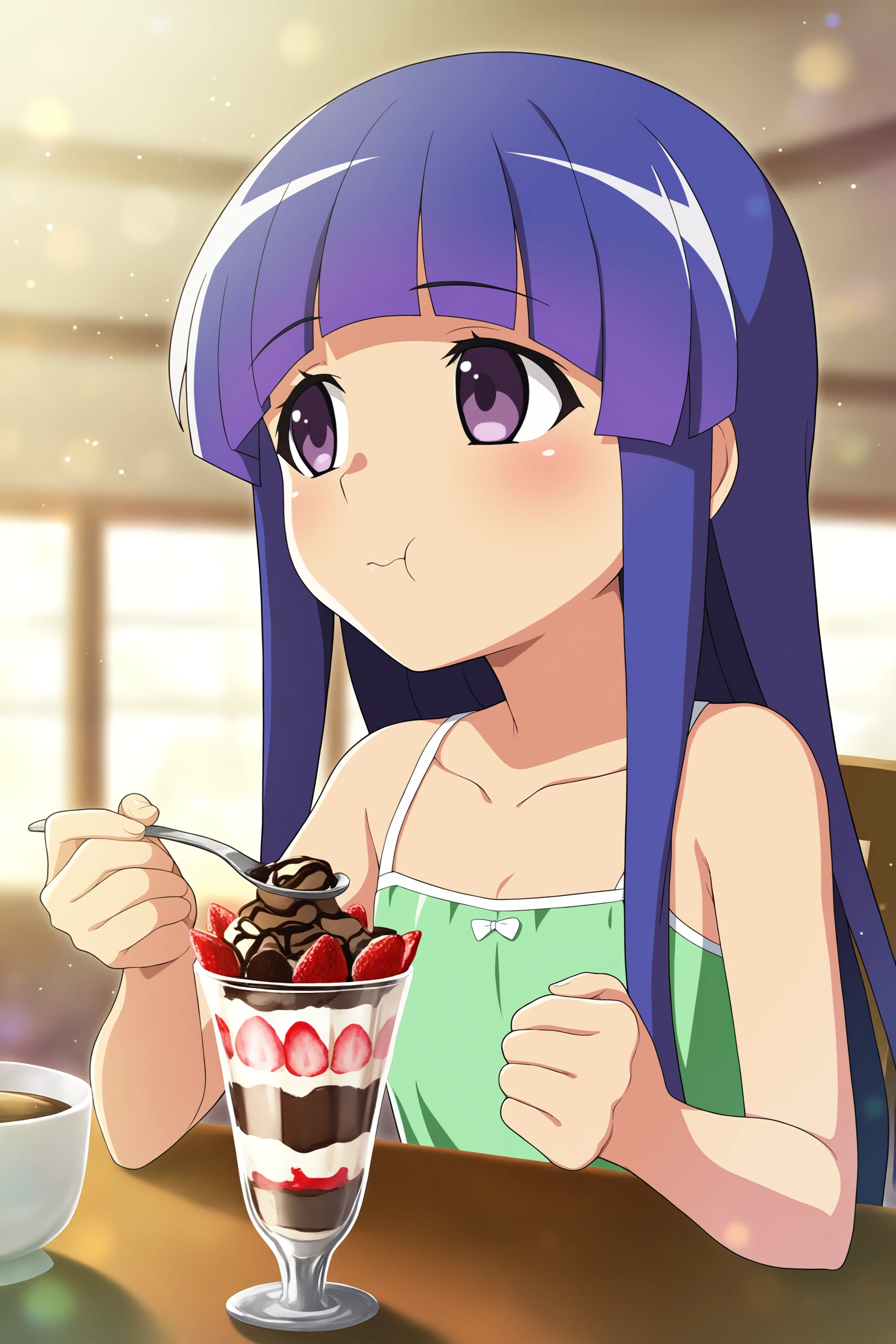 higurashimei, 1girl, solo, furude rika, ((child, petite)), blue hair, purple eyes, long hair, bangs, (flat ), sundress, green dress, spaghetti strap, collarbone, blush, upper body, eating, holding spoon, food, chocolate, chocolate syrup, cup, ice cream, parfait, bored, looking to the side, 
(atmospheric perspective), 
(masterpiece, best quality, absurdres, highres, newest, very awa:1.2), 
