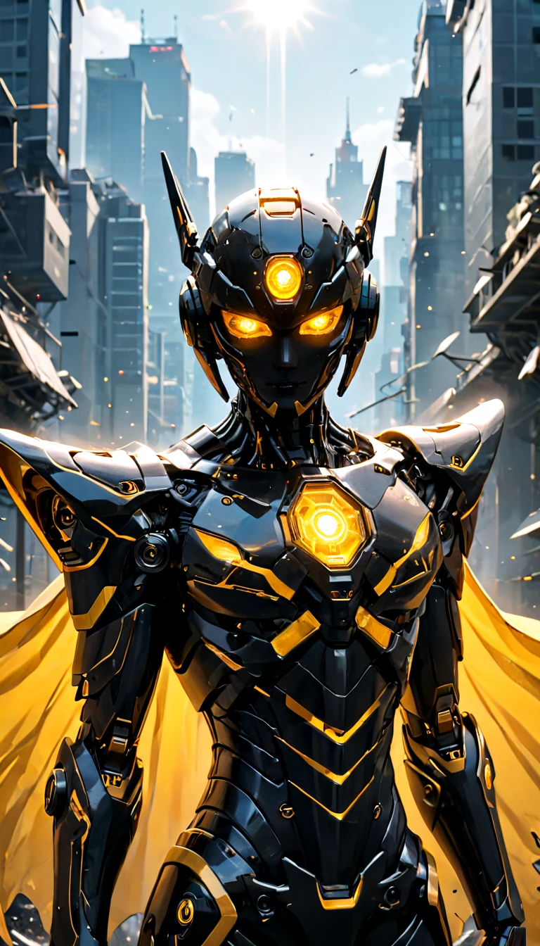 Cowboy Shot, mecha (black robot), black glass full helmet, not visible face, red cape, floating cape, yellow glowing eyes, science fiction, torn clothes, glowing, mechanical joints, black|yellow metal color, intense sunlight, outdoors, landscape, cinematic lighting, amazing quality, wallpaper, depth of field, dynamic angle, (photo realistic:1.4), realistic metal:1.4, cinematic photography, sharp, hyperdetailed:1.15, 4n1v3rs3
