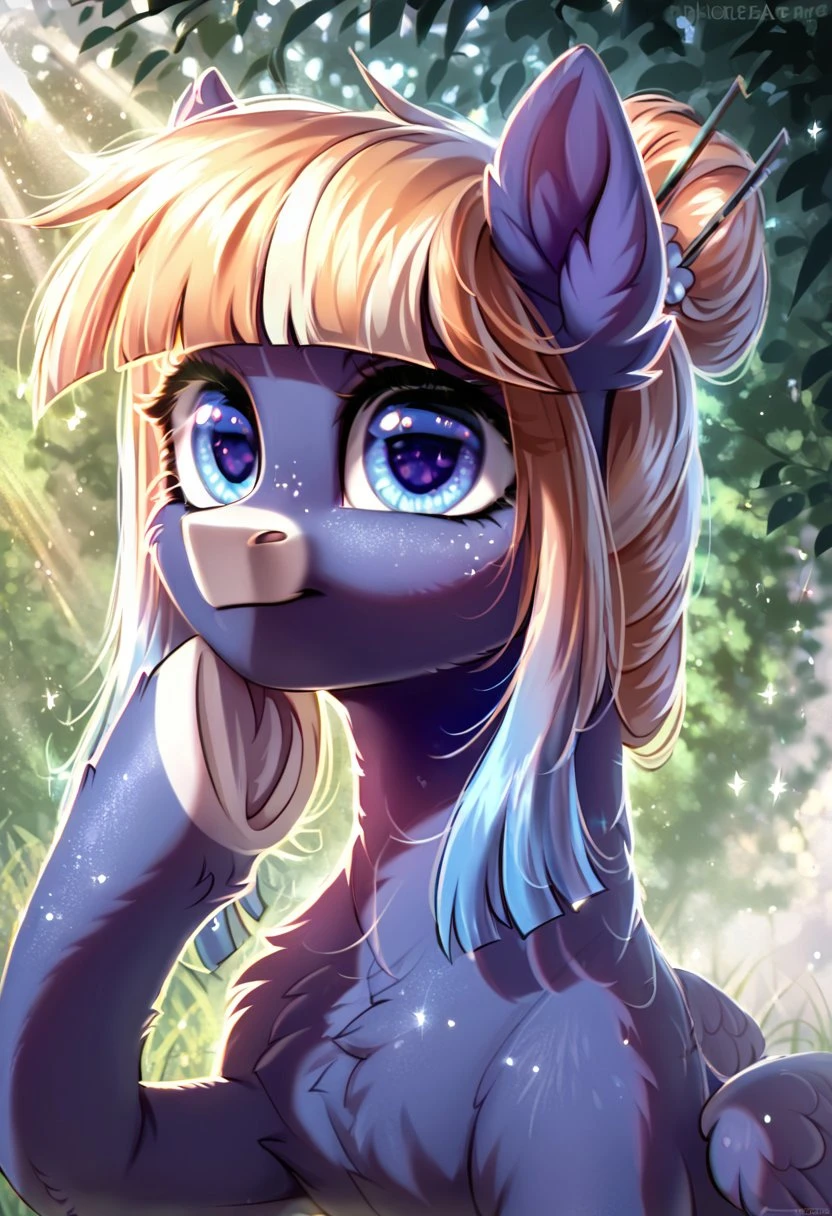 Fluffy pony from My little Pony lies on the grass, cute, (detailed, realistic), volumetric lighting, solo focus, blue eyes, blond hair, Lying on the grass, full-length portrait, soft focus, (by inkplasm, by kenket and foxovh:0.2), low contrast, Pastel colors