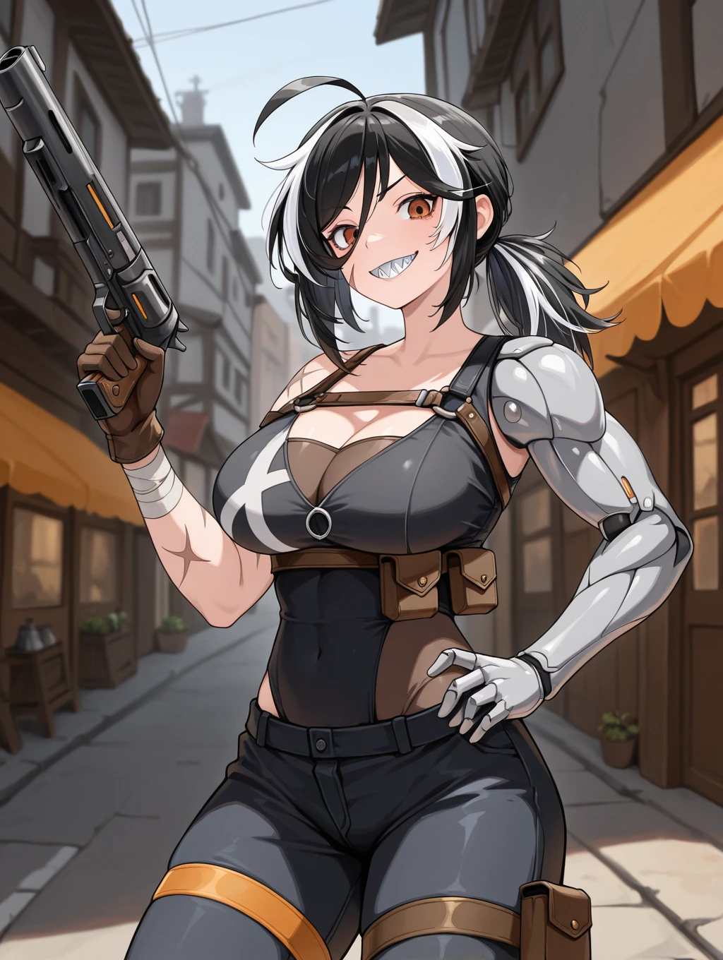 orca, 1girl, solo, long hair, smile, large breasts, black hair, gloves, holding, ponytail, weapon, ahoge, white hair, teeth, holding weapon, grin, streaked hair, orange eyes, gun, scar, sharp teeth, holding gun, scar on face, brown gloves, handgun, pouch, mechanical arms, single mechanical arm, shotgun, prosthetic arm,
masterpiece, best quality,amazing quality, very aesthetic, absurdres, depth of field, blurry background, extremely detailed face, detailed eyes