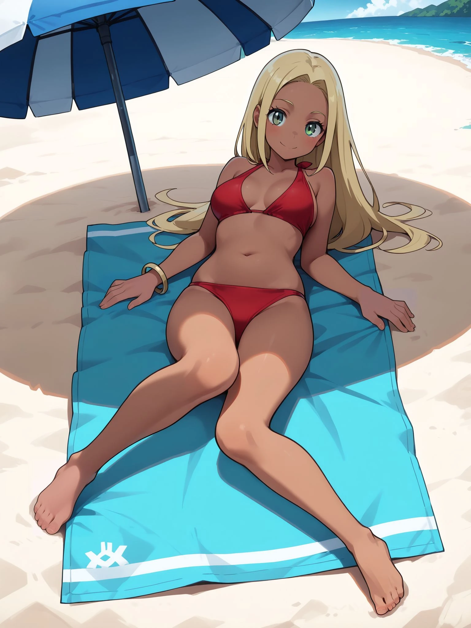masterpiece,best_quality,1girl,solo,<lora:swimmer xy_illustriousXL:0.8>,swimmer xy,bracelet,red bikini,full body,lying,on beach towel,smile,beach umbrella,shadow,beach,looking at viewer,