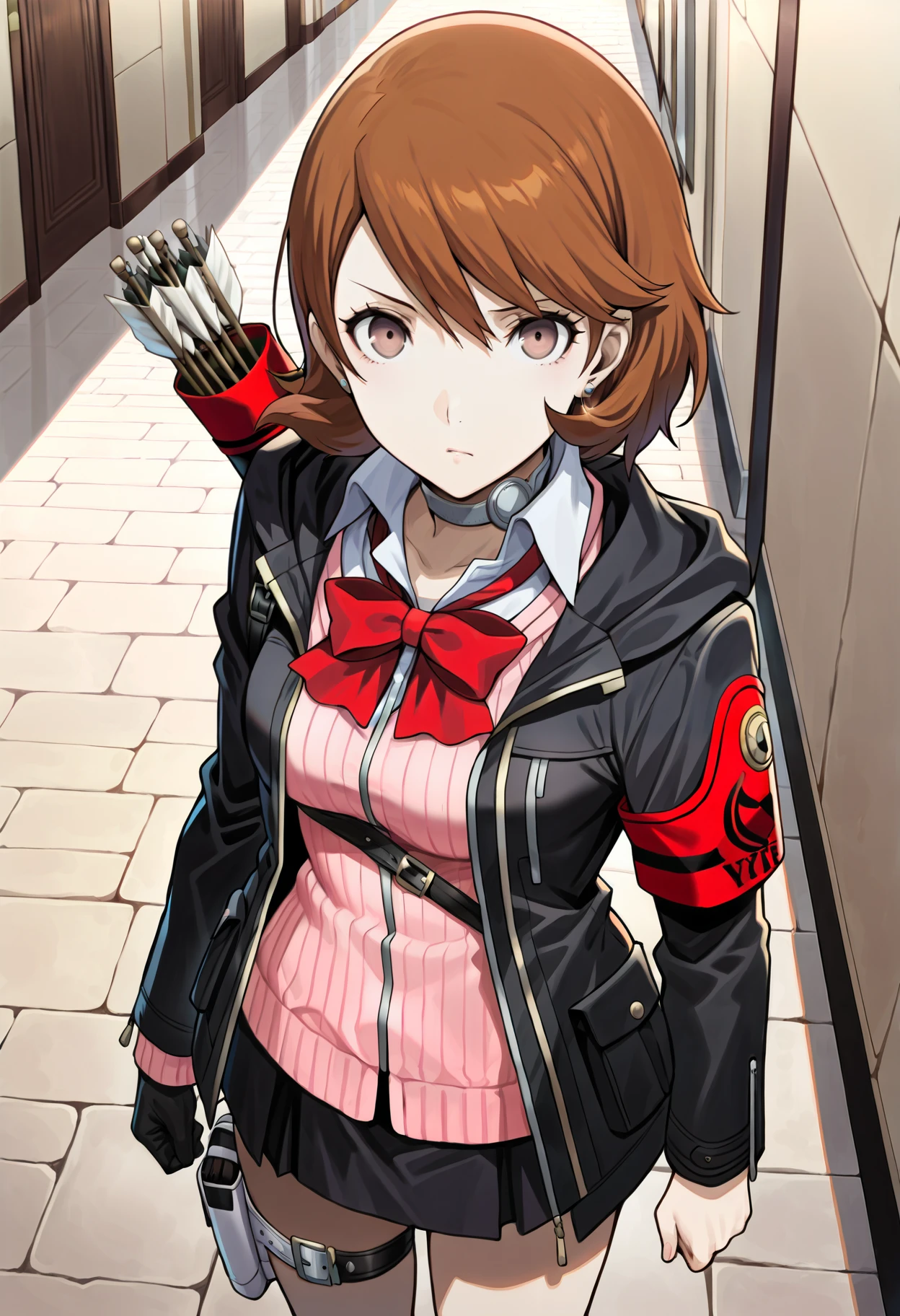 (masterwork, masterpiece, best quality, hyper-detailed :1.4),
1 girl, solo, cute face,
p3yukari, yukari takeba, short hair, light brown hair, earrings, choker,
p3yukari-sees, school uniform, pink cardigan, jacket, black jacket, black sleeves, red bow, armband, quiver, single glove, holster, thigh holster, white holster, arrow \(projectile\),
indoors, hallway, stone walls, stone floors, looking at viewer, determined, serious,