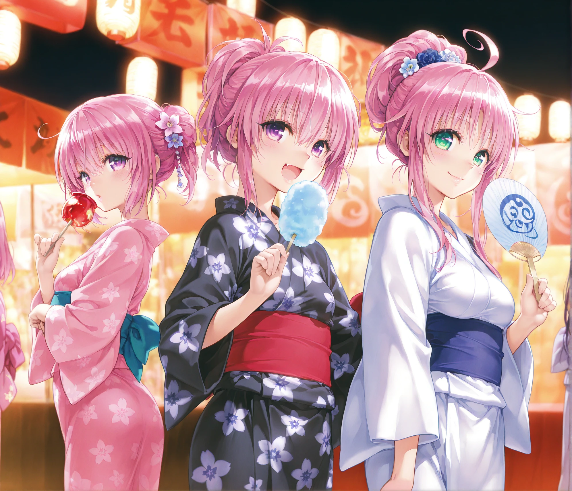 3girls,momo velia deviluke,looking at viewer,pink hair,purple eyes,candy apple,medium breasts,hair flower,short hair,ponytail,floral print,pink kimono,japanese clothes,yukata,obi,<lora:Yabuki_Kentarou_V1_illustrious-000109:1>,~3girls,nana asta deviluke,looking at viewer,pink hair,purple eyes,small breasts,cotton candy,open mouth,:d,fang,ponytail,floral print,black kimono,japanese clothes,yukata,obi,<lora:Yabuki_Kentarou_V1_illustrious-000109:1>,~3girls,lala satalin deviluke,looking at viewer,pink hair,long hair,green eyes,large breasts,smile,paper fan,paper fan,floral print,white kimono,ponytail,high ponytail,japanese clothes,yukata,obi,<lora:Yabuki_Kentarou_V1_illustrious-000109:1>,~3girls,summer festival,uchiwa,