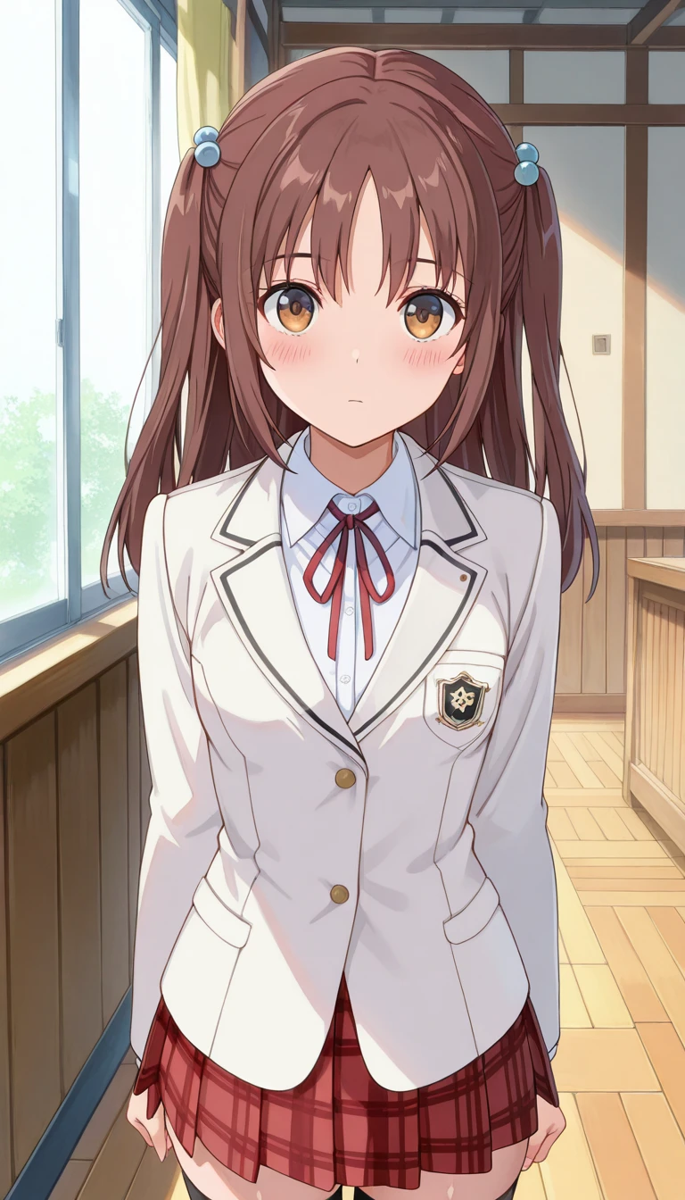 (masterpiece),best quality,amazing quality,very aesthetic,absurdres,newest,perfect body,shiny skin,perfect eyes,detail1eye,well-defined fingers,well-defined fingernails,anime style,indoors,1girl,solo,upper body,(portrait:1.5),looking at viewer,facing viewer,expressionless,blush,Uchida Yuka,long hair,brown hair,two side up,hair ornament,hair bobbles,bangs,brown eyes,school uniform,white jacket,blazer,neck ribbon,red ribbon,collared shirt,white shirt,small breasts,miniskirt,red skirt,pleated skirt,plaid skirt,zettai ryouiki,black thighhighs,loafers,<lora:Uchida Yuka(m-k)-Illus:2>,