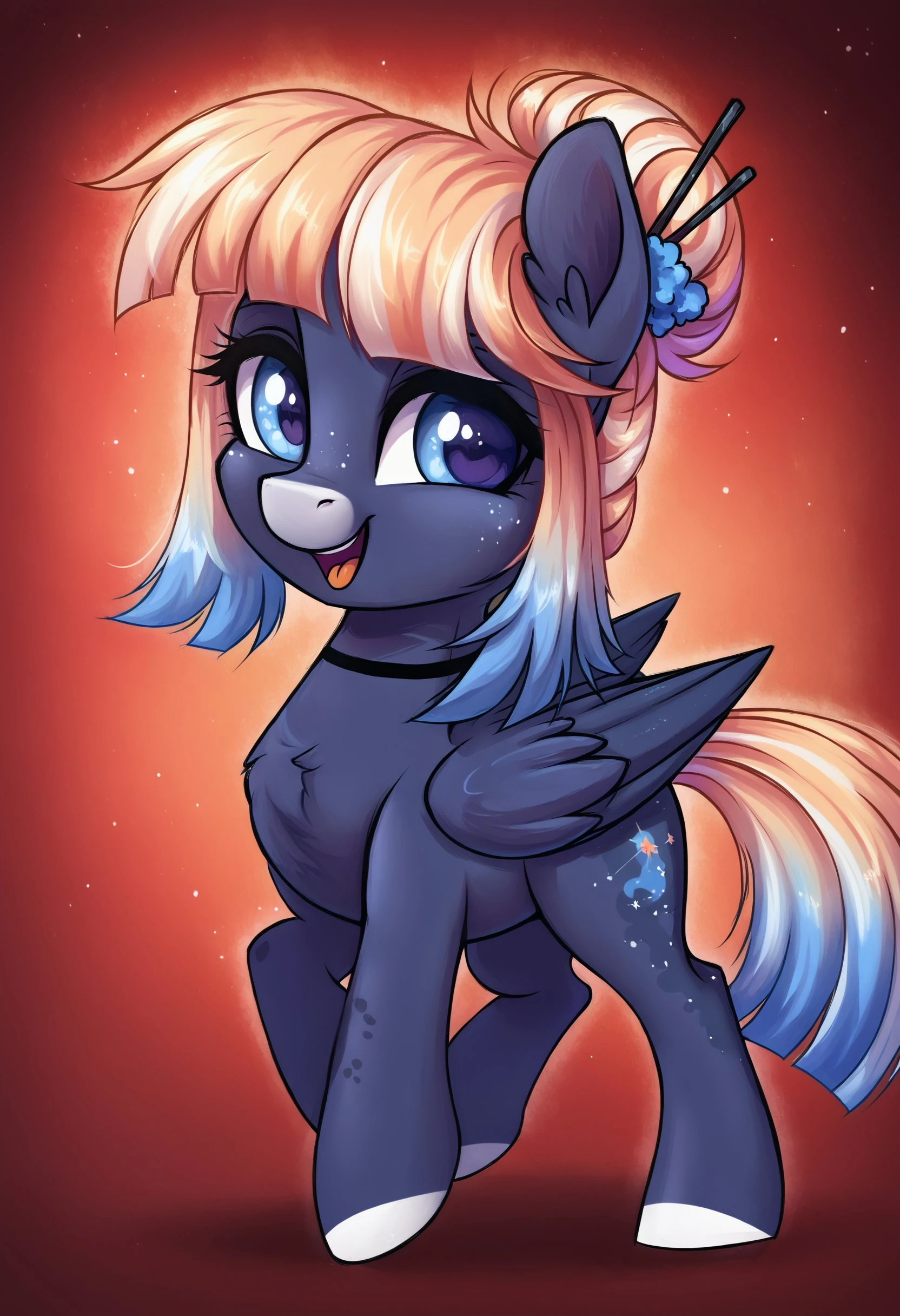 safe_pos, safe_pos, score_9, score_8_up, score_7_up, score_6_up,1 girl <lora:ockimono_silk:1>kimono silk,a dark purple-grey body with lighter grey hooves and a black collar, the mane and tail are long and gradient, going from peachy-white on top to light blue at the tips, the eyes are light blue, small dark spots scattered over the body, the ears are slightly pointed, the hair is styled into a loose bun and secured with sticks similar to a hair accessory,Pegasus
(day), solo, pony, my little pony, body, shiny skin, looking at you, happy playful, cheerful dramatic solo <lora:Thems_Fightin_Herds:1.1> <lora:Wholesome_MLP-v1.2:1>