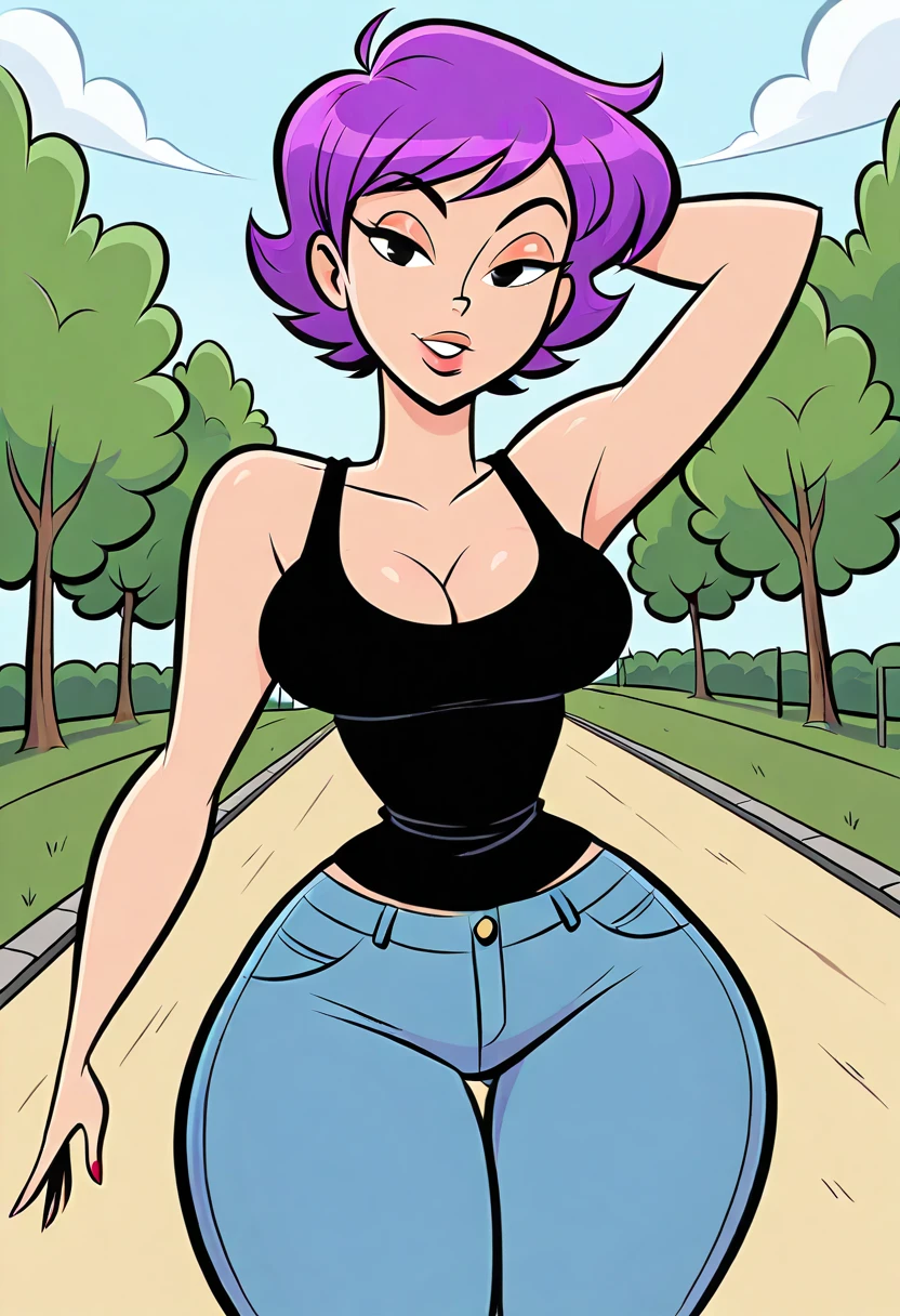 <lora:Sexy_Cartoon_2AM_ILXL:0.9> sexytoon2amxl, 1girl, solo, in the park, jeans, tank top, purple hair, short hair, looking at viewer, wide hips,