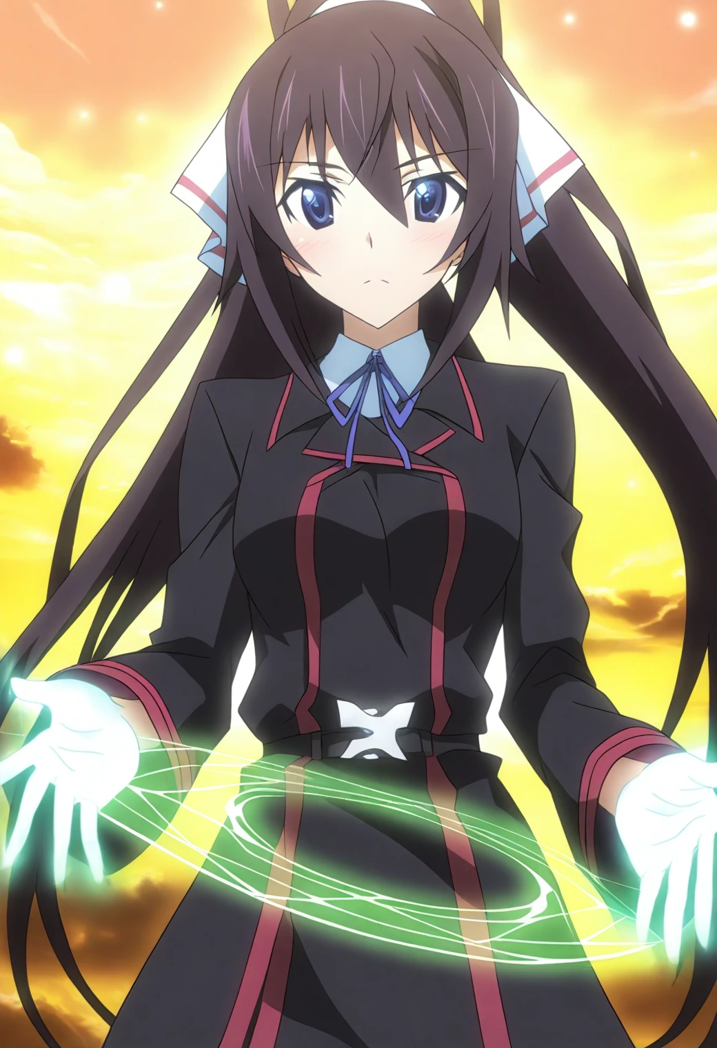 <lora:Houki Shinonono - [Infinite Stratos] - illustriousXL v1:1>, sysdeep_houki, very long hair, ponytail, anime coloring, standing in moonlit clearing, sheer fabric, glowing hands, sparkling magic circle, tranquil pose