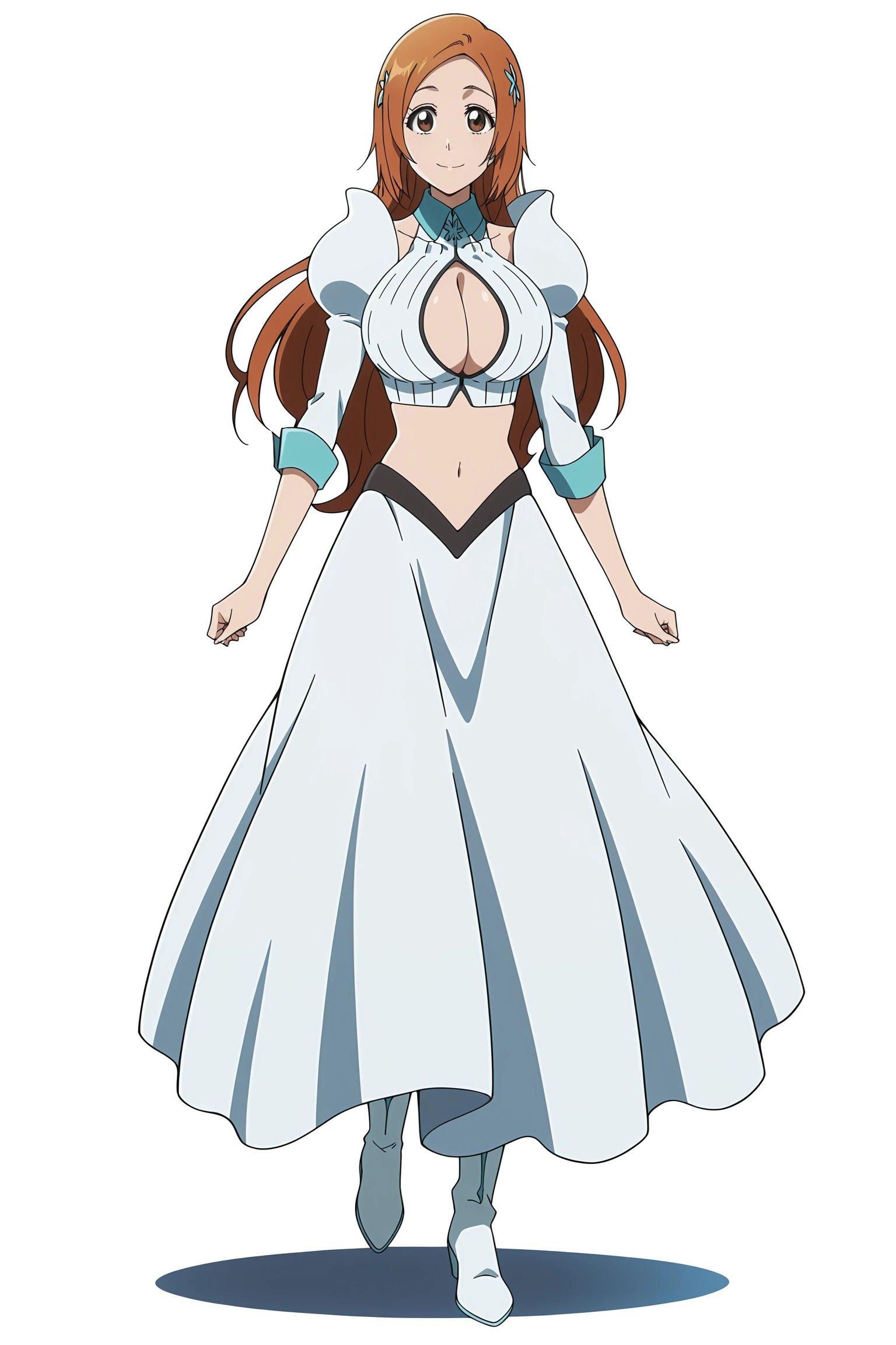 anime screencap, anime coloring, perfect lighting, detailed face,
simple white background
<lora:Orihime_Inoue_Bleach_Thousand-Year_Blood_War_art_style_-_Illustrious:.8>
1girl, solo, inoue orihime, long hair, long skirt, cleavage, orange hair, skirt, clothing cutout, large breasts, midriff, navel, cleavage cutout, crop top, Orihime battle dress outfit, white footwear, full body shot, looking at the viewer, smile