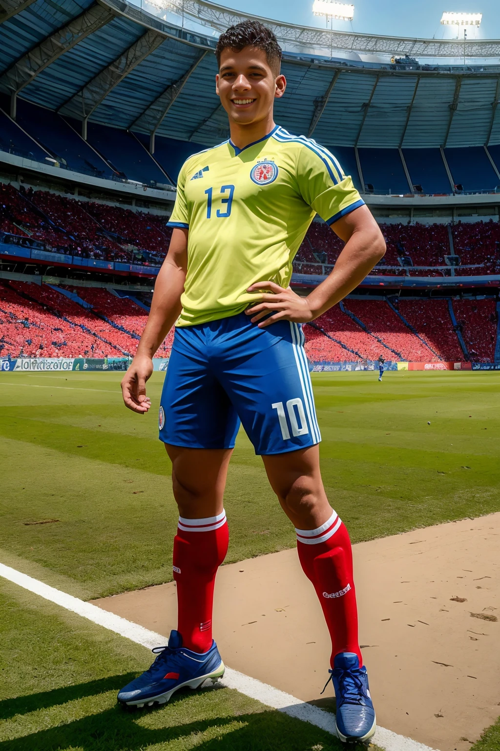 large soccer stadium, soccer field, smiling, NicoliCole, Colombian national soccer team uniform, yellow jersey, (blue shorts), red socks, sneakers, (male focus), (((full body portrait))), wide angle <lora:NicoliCole:0.8>