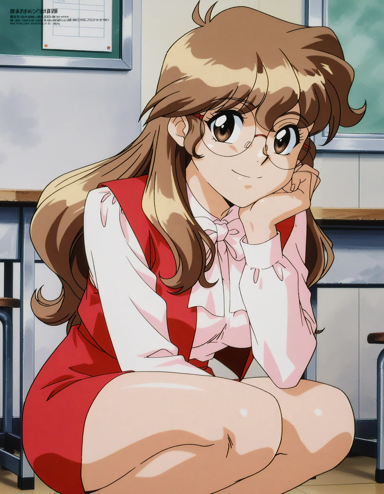 anime artwork (key:-1.5), <lora:Hyper-SDXL-8steps-lora:1>,
masterpiece,best quality,highres,source_anime,anime screencap,anime coloring,megami magazine,sidelighting,shiny luminous,shiny skin,
takagi haruka, haruka_default, 1girl, solo, long hair, skirt, breasts, large breasts, brown hair, brown eyes,
rimless eyewear, glasses, round eyewear,
long sleeves, vest, red skirt, white bow, pencil skirt,
smile,
<lora:takagi_haruka_IL:1>,
cowboy shot, squatting, classroom, . anime style, key visual, vibrant, studio anime, highly detailed