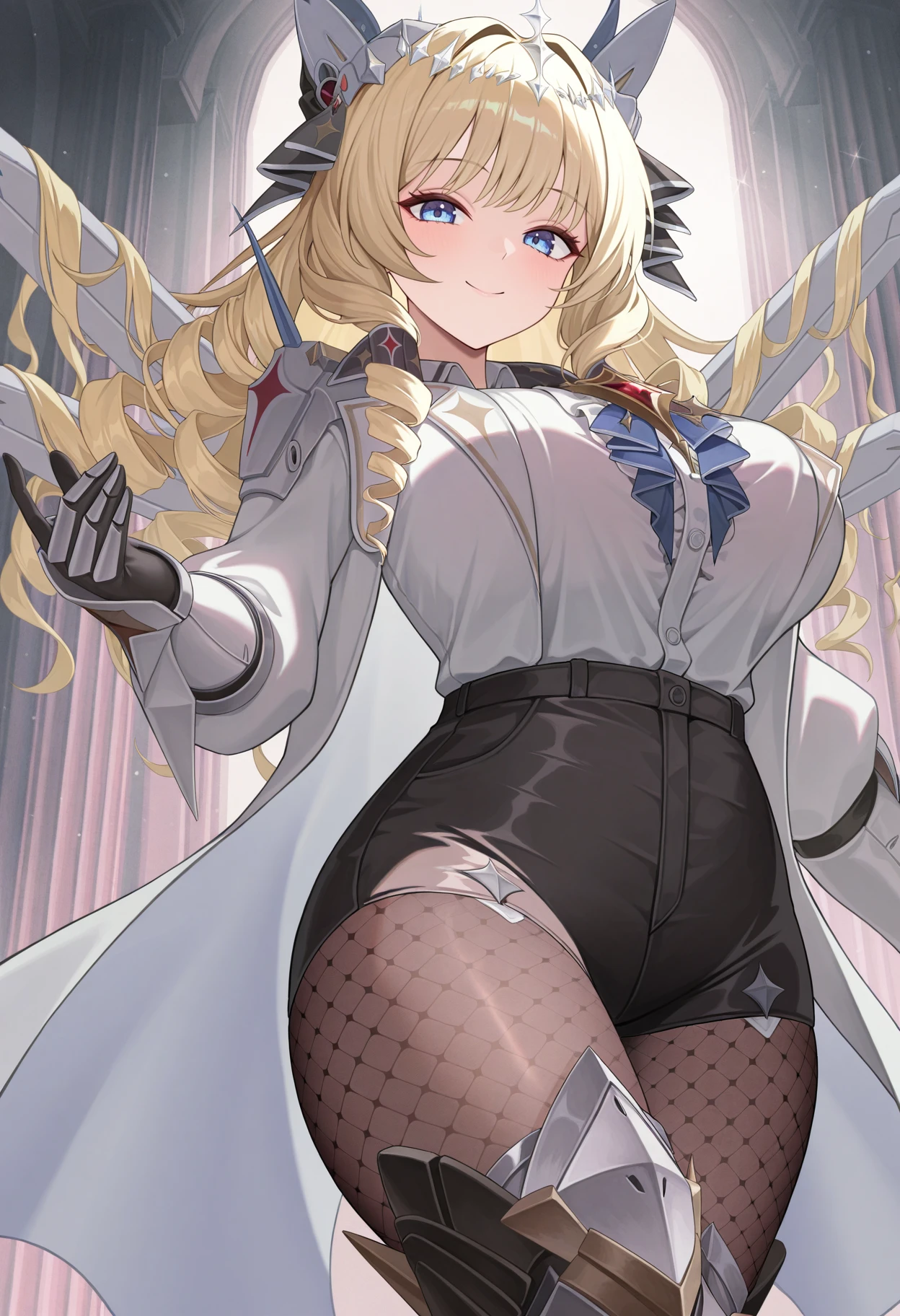 masterpiece, best quality, absurdres, highres, newest, 1girl, solo, <lora:crown-nikke-richy-v1_ixl:1> crwndf, blue eyes, blonde hair, long hair, drill hair, drill sidelocks, tiara, hair ornament, headgear, large breasts, white jacket, white shirt, brooch, center frills, black shorts, high-waist shorts, gauntlets, black gloves, mechanical wings, shoulder armor, fishnet pantyhose, pantyhose, thighs, armored boots, black boots, looking at viewer, smile, closed mouth,