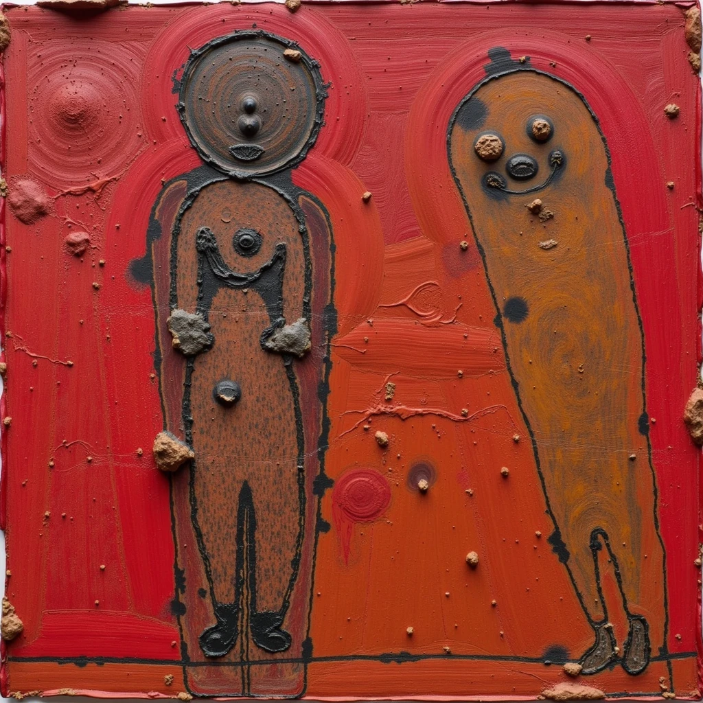 DVLP style, thick impasto abstract painting, In the center-left area, there is a central figure, crudely painted in a mix of red, orange, and brown hues, resembling a stylized human figure