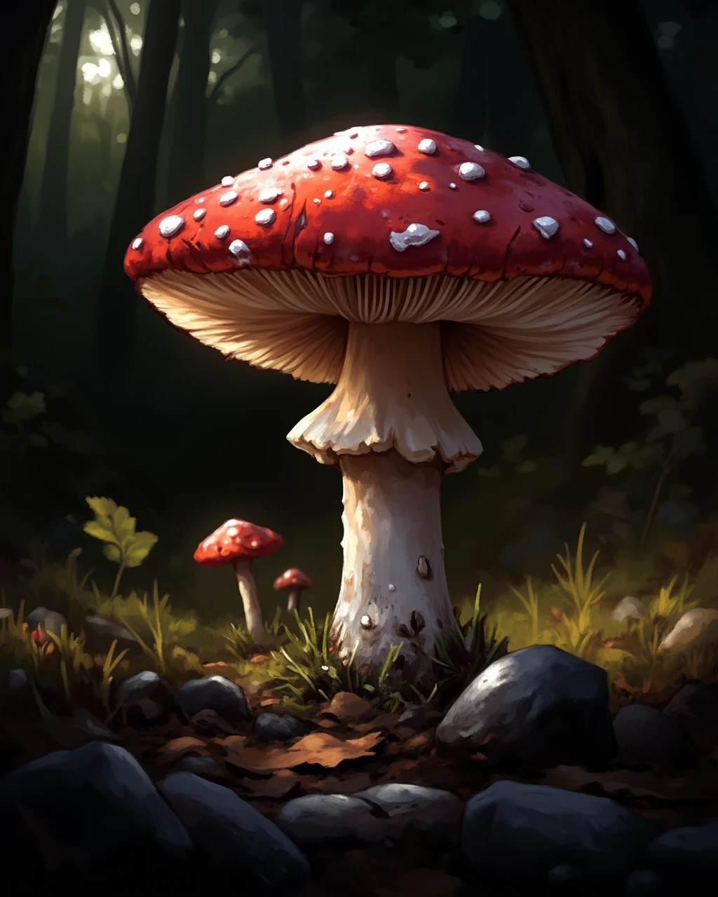 wc1dnd_style, digital painting, A close-up of a delicate red-capped mushroom with white spots, sprouting from a damp forest floor covered in leaves and moss, tiny droplets of water clinging to its surface, with a faint golden glow from the setting sun highlighting its vibrant colors.
<lora:Flux.Digital_Painting_DnD:1>
