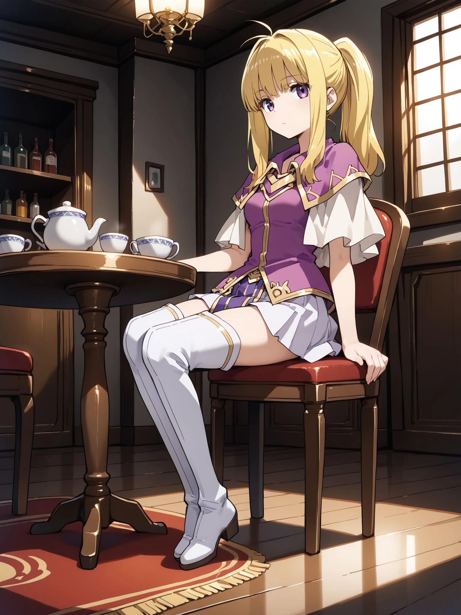 masterpiece,best_quality,1girl,solo,<lora:clarine feh_illustriousXL:0.8>,clarine feh,capelet,purple shirt,white skirt,pelvic curtain,thigh boots,full body,sitting,on chair,expressionless,table,indoors,looking at viewer,
