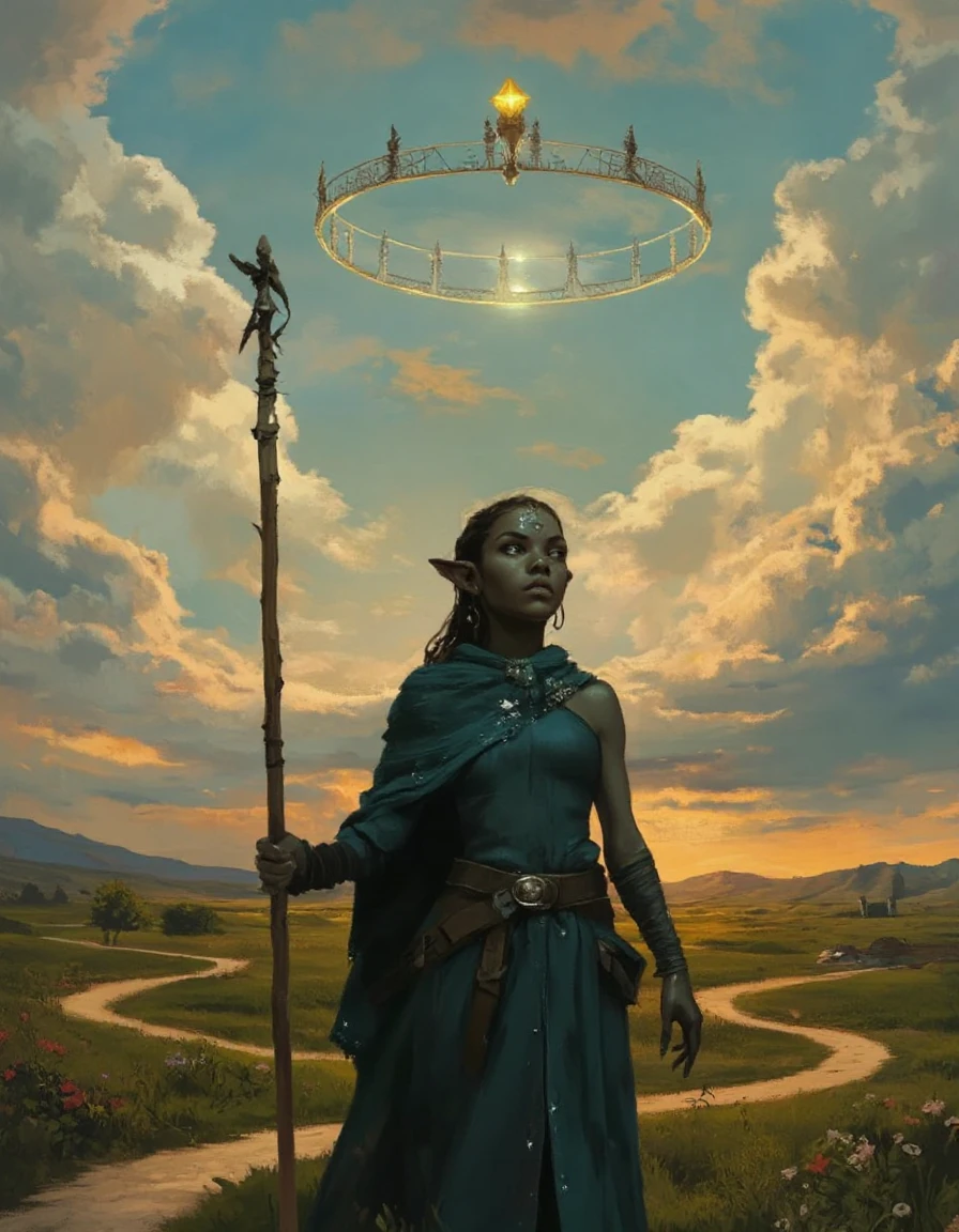 Fantasy painting of a young novice elf magician young woman with pointed ears who is wearing plain novice robes of deep blue and simple silver stars on the trim. The pointy-eared elf magician holds a wooden staff topped with a small luminous glowing crystal and gazes upward at a hovering circle of magical light and energies she summoned in the middle of a wide field of winding paths and wildflowers under dramatic clouds at sunset.