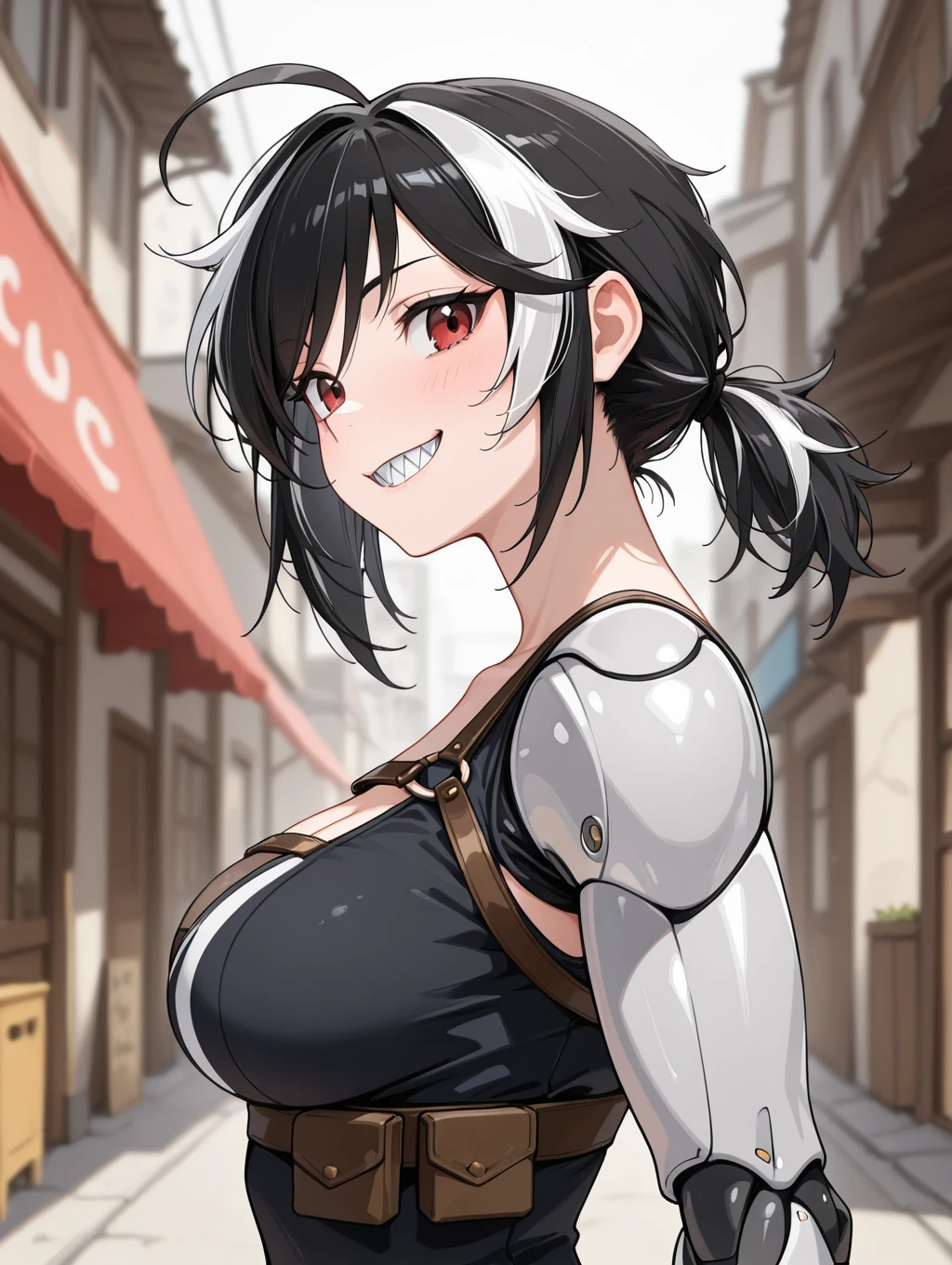 orca, 1girl, solo, smile, black hair, red eyes, medium breasts, upper body, ahoge, teeth, grin, from side, streaked hair, sharp teeth, genderswap, genderswap (mtf), mechanical arms,
masterpiece, best quality,amazing quality, very aesthetic, absurdres, depth of field, blurry background, extremely detailed face, detailed eyes