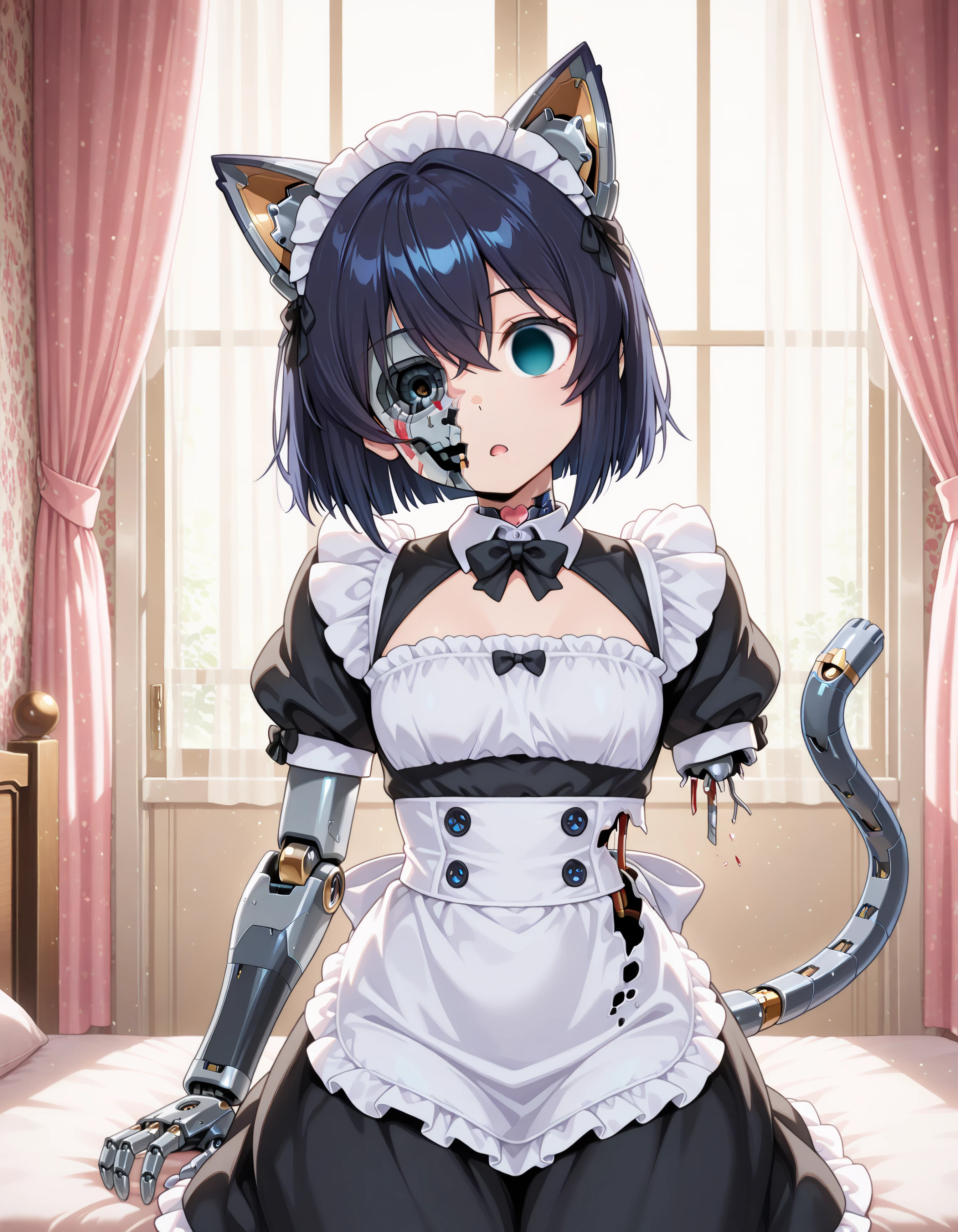 1girl, mechabare, expensive, neko girl, mechanical cat ears, mechanical cat tail, mechanical arms, damages, maid outfit, (detailed, clothing, ultra kawaii), toen clothes,(amputee), exposed wires, one arm broken, awe look, head tilt, ((one eye missing))

(masterpiece, best quality, absurdres), masterpiece, highres, perfect anatomy, anime style, anime screenshot, 32k wallpaper, ultra high quality, (extremely detailed cg), (perfect lighting), (sharp image), AddXL, qtsuneudon