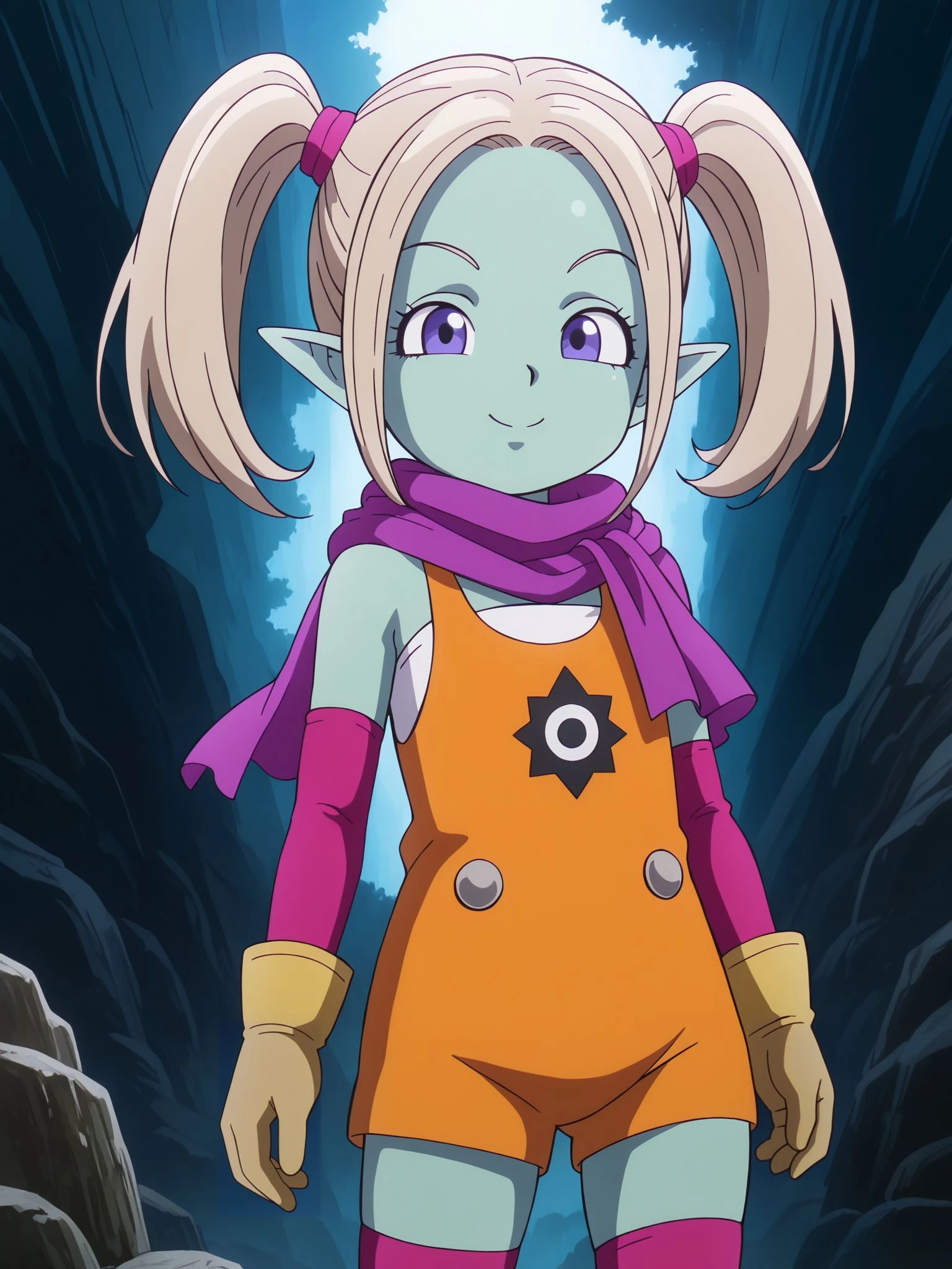 masterpiece,best_quality,1girl,solo,<lora:panzy daima_illustriousXL:0.8>,panzy daima,twintails,hair tie,scarf,elbow gloves,orange overalls,thighhighs,cowboy shot,standing,smile,looking looking at viewer,