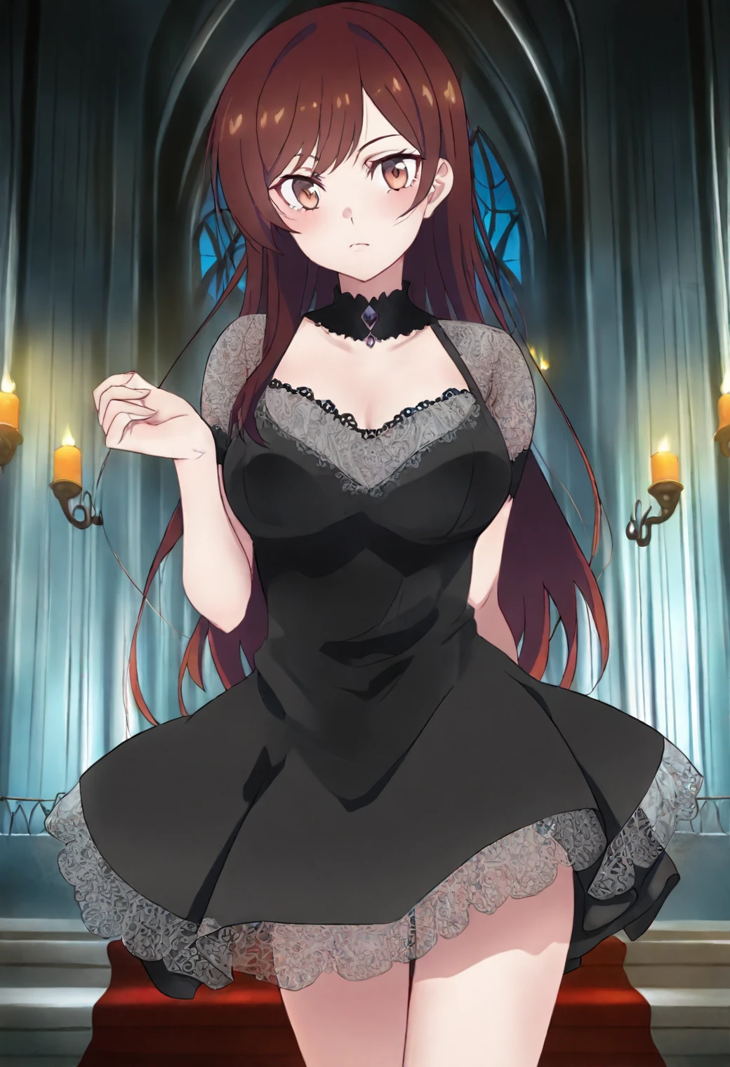 <lora:Chizuru Ichinose - [Rent-a-Girlfriend] - illustriousXL v1:1>, sysdeep_chizuru, long hair, brown hair, brown eyes, 1girl, solo, gothic cathedral, dark stained glass, candlelight, black lace dress, ethereal glow, somber mood
