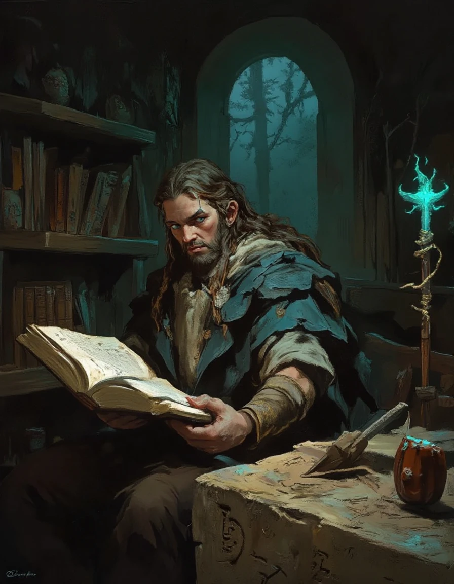 Fantasy painting portrait of a scholarly wizard in his study with massive book of magic spells surrounded by carved glyphs on stone and glowing magical staves and tapestries depicting great magicians of the past and a tall window looking out on dark evil forest