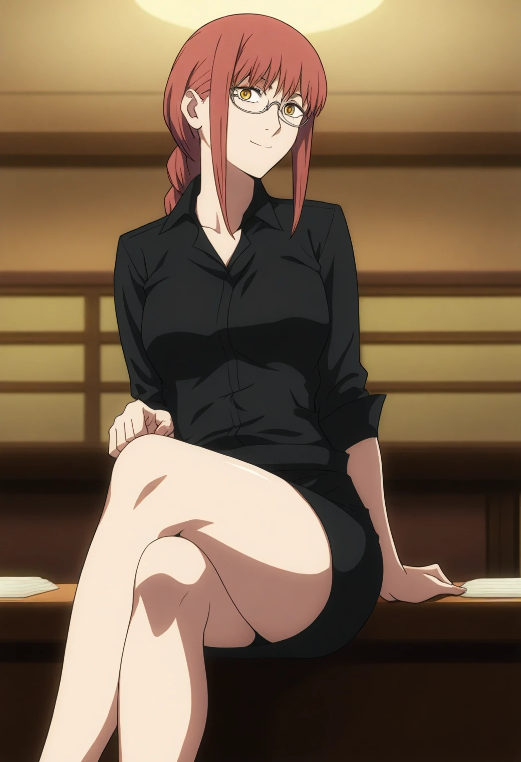 <lora:Makima - [Chainsaw Man] - illustriousXL v1:1>, sysdeep_makima, long hair,  auburn  hair, braid, ponytail, yellow eyes, anime coloring, office lady, tight skirt, sitting on desk, crossed legs, glasses, indoors, coy smile