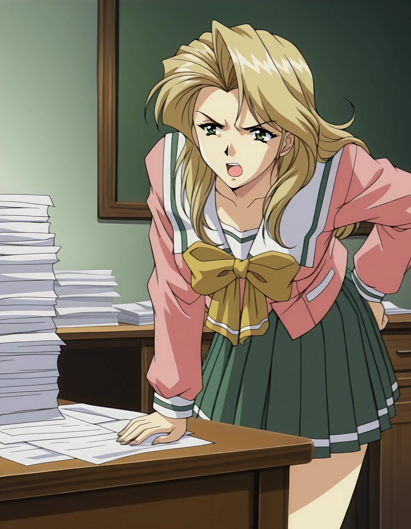 <lora:shuusaku-ova-illustrious-000008:1> kaori, serafuku, pleated skirt, 1girl, solo, annoyed, open mouth, leaning forward, papers, desk, masterpiece, best quality