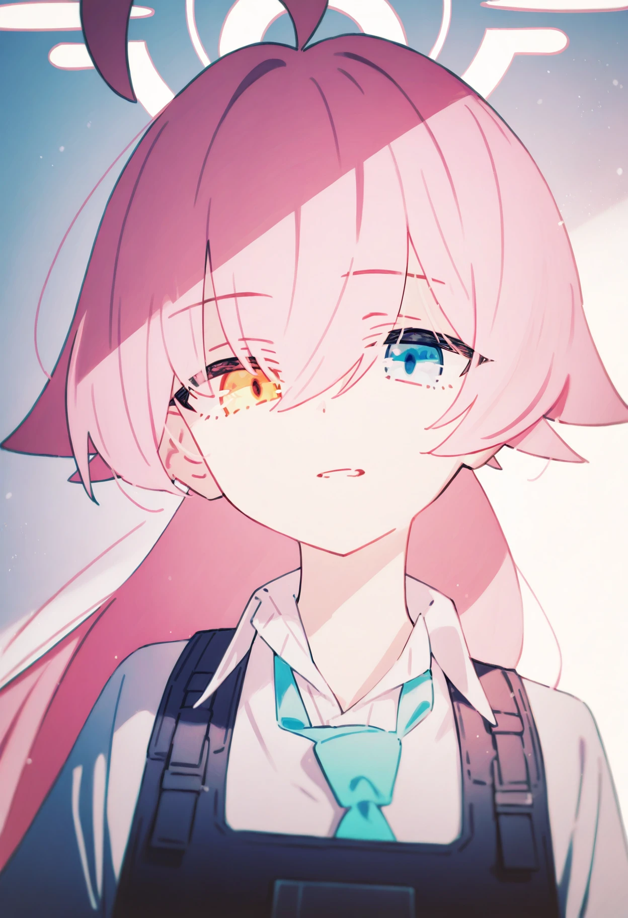 1girl, hoshino \(armed\) \(blue archive\), kasuga haruhi, solo, pink hair, heterochromia, necktie, ahoge, shirt, blue eyes, yellow eyes, looking at viewer, (masterpiece, best quality, newest, very awa, absurdres, highres), <lora:hoshino_armed_blue_archive>