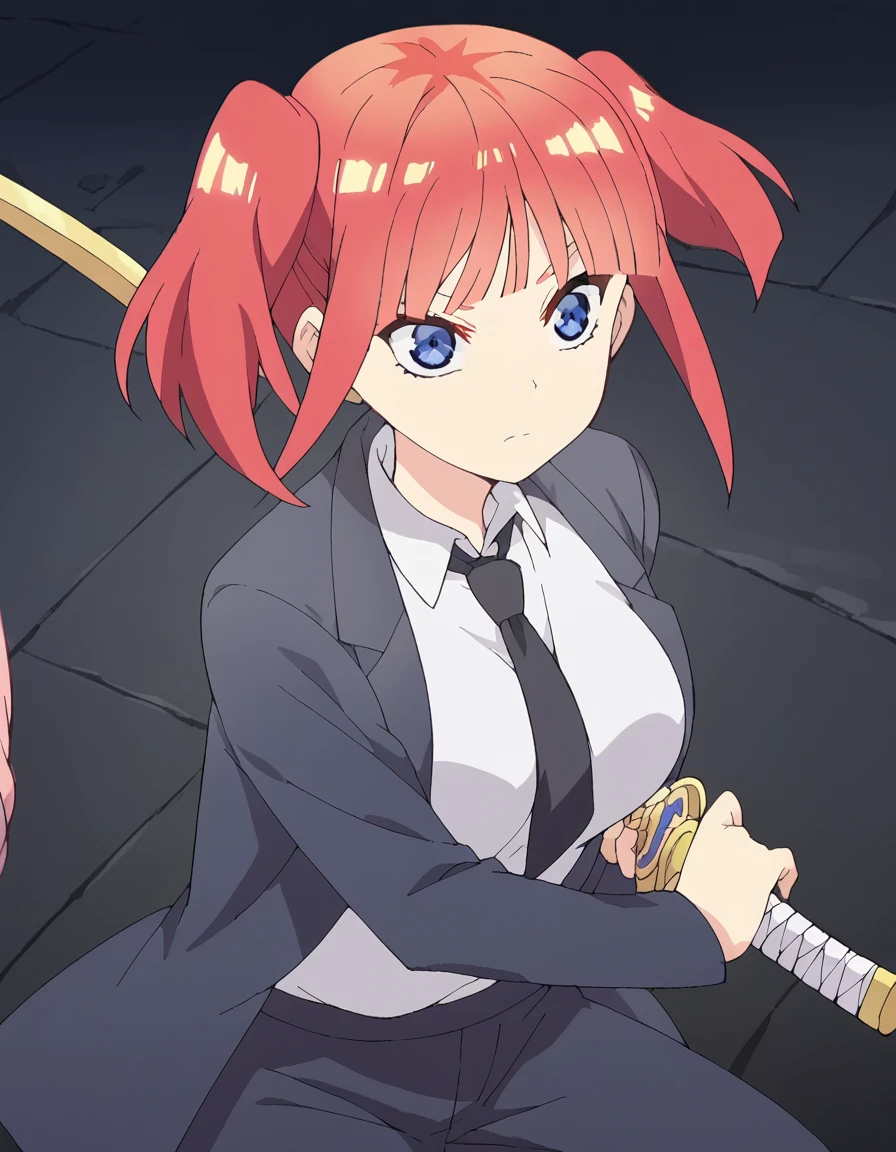 score_9, score_8_up, score_7_up, source_anime, <lora:nino-nakano-honeymoon-ponyxl-lora-nochekaiser:1>, nino nakano, short hair, bangs, blue eyes, large breasts, pink hair, blunt bangs, side ponytail, one side up, anime screencap, <lora:battoujutsu-stance-ponyxl-lora-nochekaiser:1>, battoujutsu stance, looking at viewer, holding, weapon, sword, holding weapon, holding sword, standing, katana, sheath, sheathed, fighting stance, ready to draw, shirt, long sleeves, jacket, white shirt, necktie, collared shirt, pants, black jacket, floating hair, black pants, formal, suit, black necktie, black suit, pant suit,,