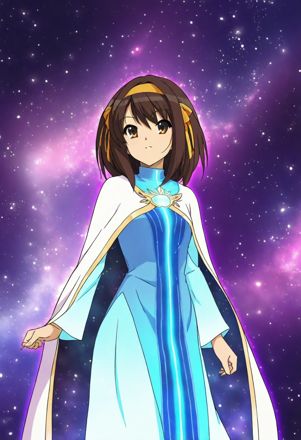 <lora:Haruhi Suzumiya - [The Melancholy of Haruhi Suzumiya] - illustriousXL v1:1>, sysdeep_haruhi,, medium hair, hairband, brown hair, brown eyes, anime coloring, 1girl, solo, starlight robe, adorned with cosmic constellations, glowing threadwork, flowing nebula cape, cosmic dust particles, ethereal tiara, infinite void background, calm demeanor