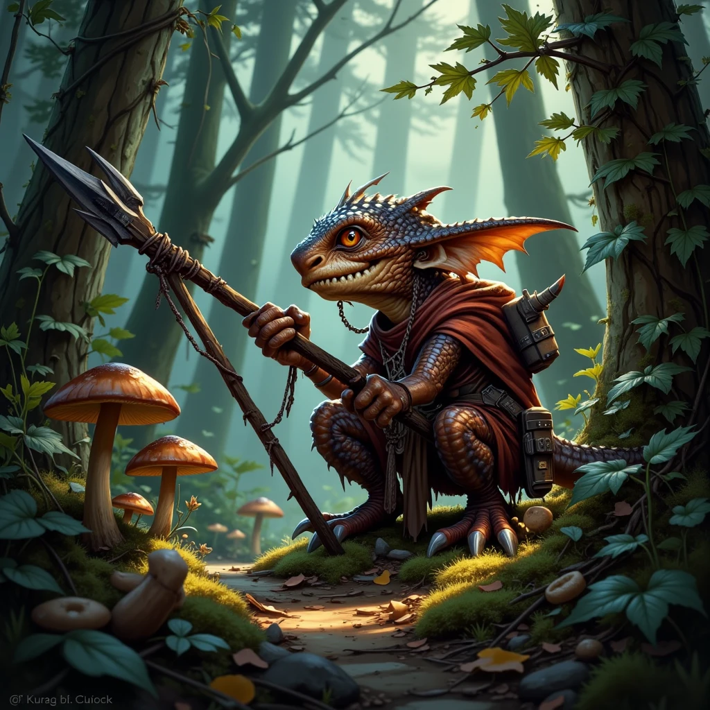 Dark Moody Atmosphere, Dark Fantasy Art, <lora:koboldsv1.0-flux:0.9> A sly kobold crouches in the shadows of a dense forest, its small, scaly frame blending into the foliage. It grips a crude spear with one hand, the other claw holding back a leafy branch as it peers at an unsuspecting adventurer on the path. The koboldâs sharp teeth glint in the faint sunlight filtering through the canopy. Mushrooms and glowing moss dot the forest floor, while the distant sound of rustling leaves suggests more kobolds nearby., dark, moody, dark fantasy style, dramatic, mysterious, dark moody atmosphere