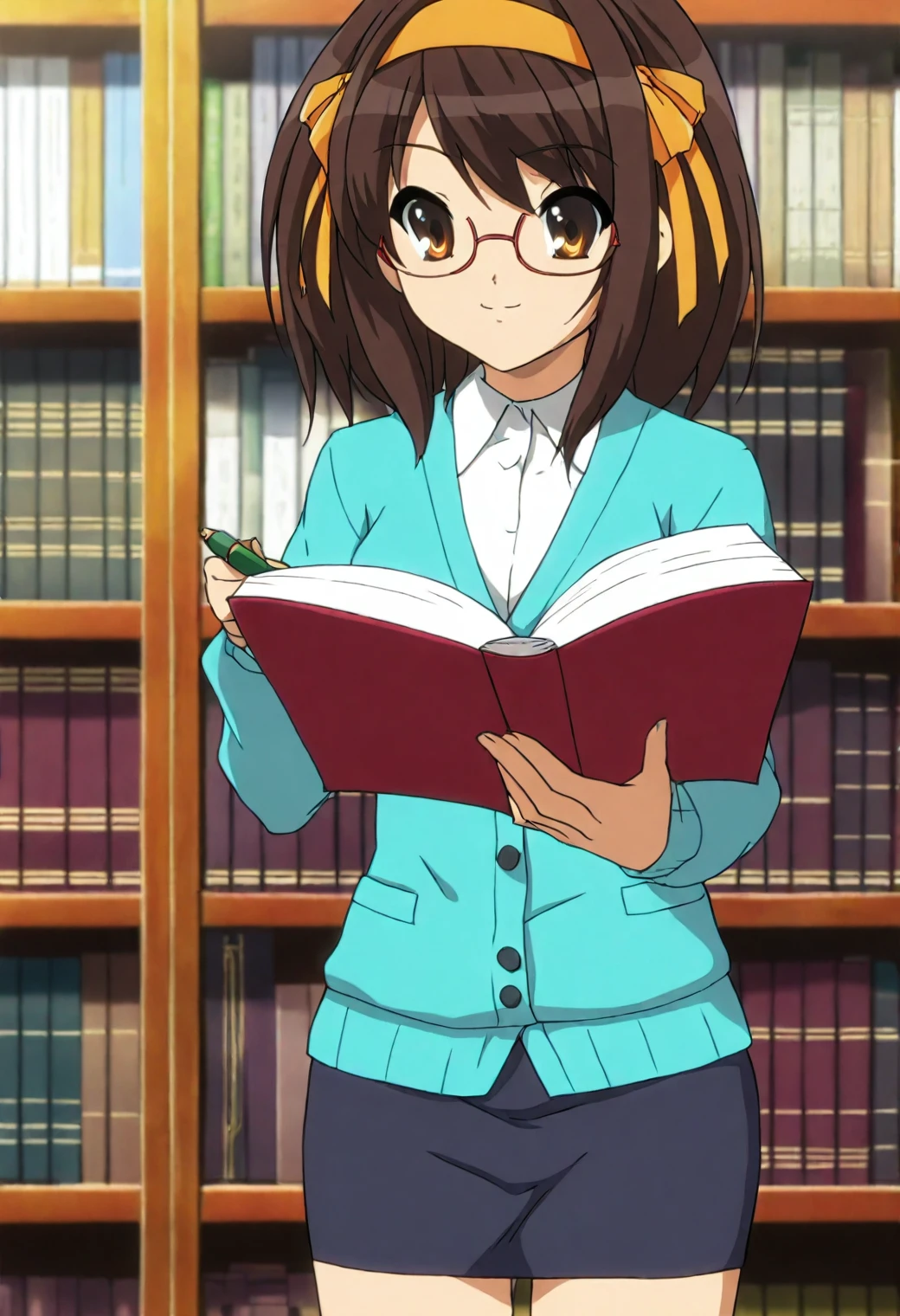 <lora:Haruhi Suzumiya - [The Melancholy of Haruhi Suzumiya] - illustriousXL v1:1>, sysdeep_haruhi,, medium hair, hairband, brown hair, brown eyes, anime coloring, 1girl, solo, library, arranging books, glasses, cardigan, pencil skirt, neat hair, peaceful expression