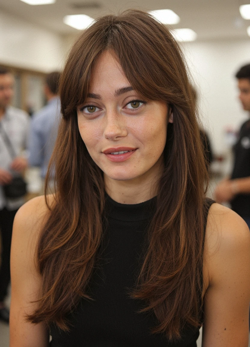 photo of e11a woman, busy indoor background, she has long brown hair with parted bangs