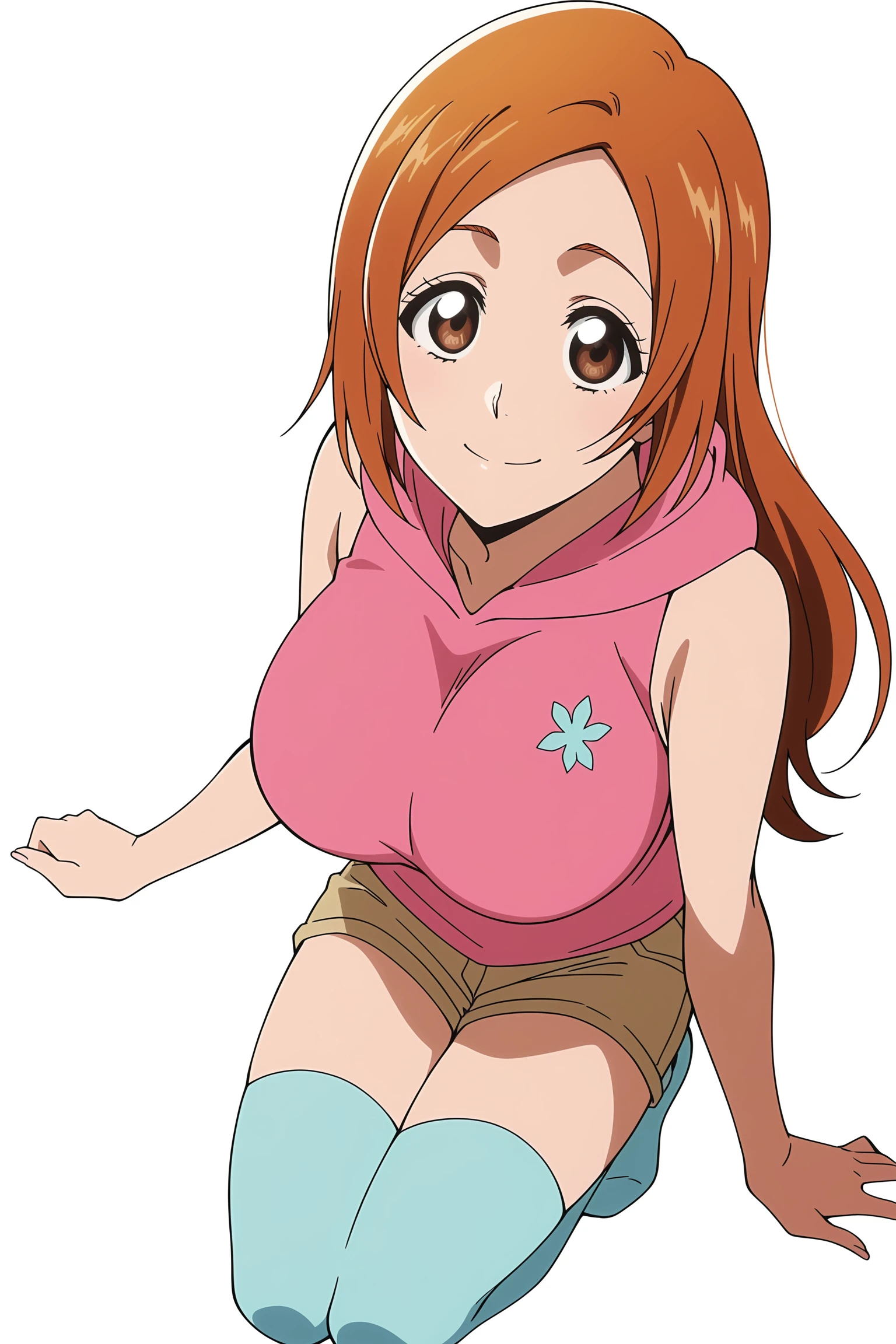anime screencap, anime coloring, perfect lighting, detailed face,
simple white background
<lora:Orihime_Inoue_Bleach_Thousand-Year_Blood_War_art_style_-_Illustrious:.8>
1girl, inoue orihime, solo, long hair, breasts, shorts, sleeveless, blue thighhighs, thighhighs, large breasts, smile, orange hair, full body, looking at viewer, brown eyes, sleeveless hoodie, hood, hoodie, short shorts, brown shorts, Orihime pink shirt outfit, full body shot,
