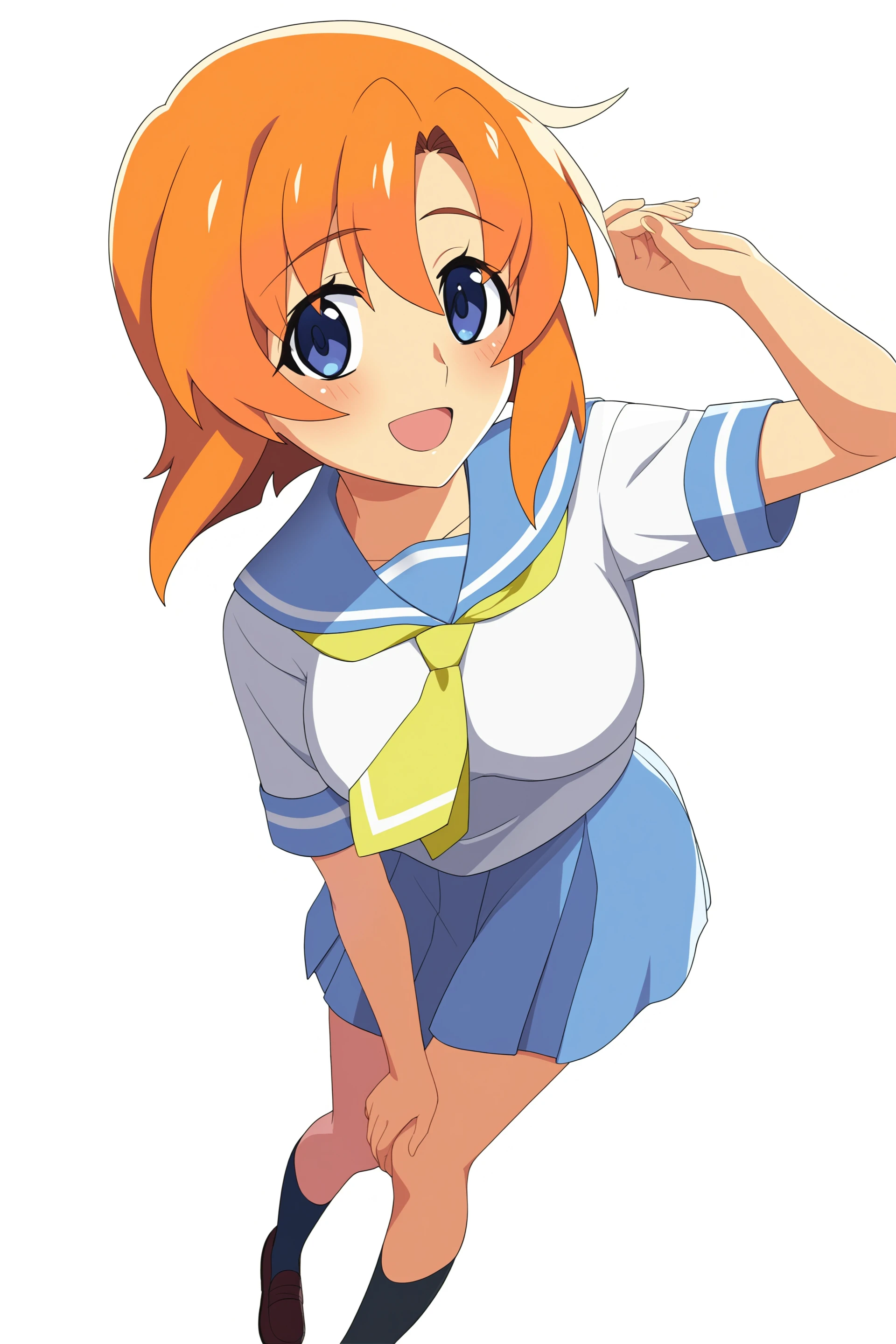 higurashimei, 1girl, ryuuguu rena, solo, , , blue eyes, blush, open mouth, orange hair, short hair, , simple background, white background, blue school uniform, serafuku, skirt, smile, pleated skirt, blue skirt, necktie, yellow necktie, looking_at_viewer, 
(atmospheric perspective), 
(masterpiece, best quality, absurdres, highres, newest, very awa:1.2), 