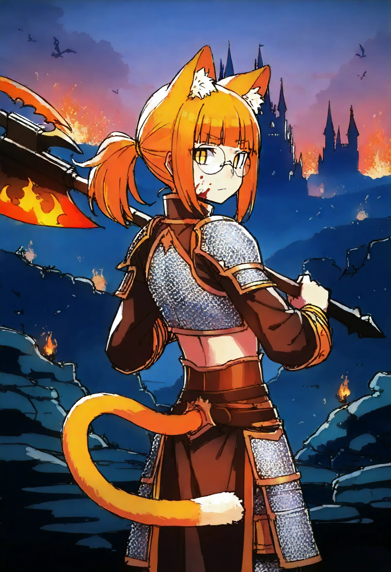 solo, 1boy, trap, skinny, light orange cat ears, light orange cat tail, ponytail, air_ bangs, (light orange hair), yellow eyes, slit pupils, round glasses,
chainmail, armor, looking at viewer, holding axe, closed mouth, looking back, blood on face, blood on axe,
castle, battlefield, fire,
<lora:lunatic_YokaiIL-style:0.6>,lunatic_yokai,