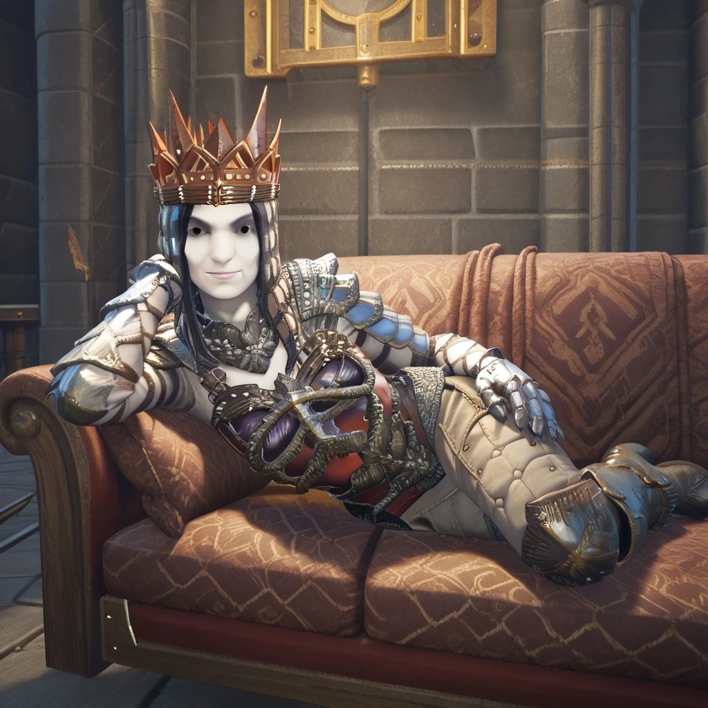 1girl,solo,armor,helmet,gauntlets,boots,black eyes,pale skin,smirk,laying,on side,facing viewer,looking at viewer,couch, modeling