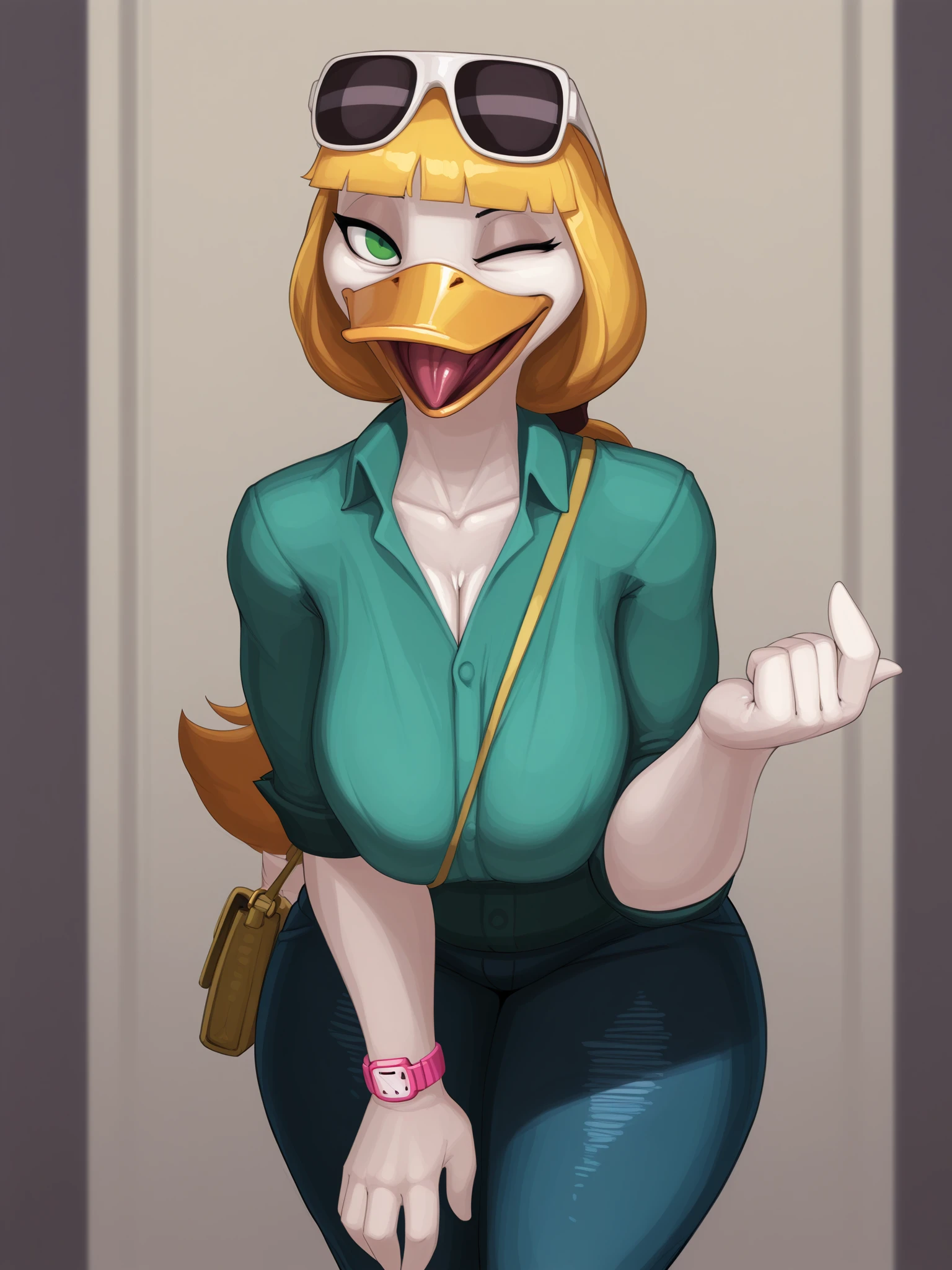 (masterpiece, best quality, very aesthetic, absurdres, artist:magnetus, shaded) 1girl, solo, gesture, female, beckoning, gesture, wink, seductive, green dress shirt, pink watch, goldie o'gilt, eye bags, white sunglasses on head, purse, mature, duck, rolled sleeves, undershirt, white skin, open smile, tongue, white body, beak, blonde hair, low ponytail, blunt bangs, green eyes, jeans, thick thighs, breasts, leaning forward digital media \(artwork\), <lora:Magnetus Style Ill V2:1> <lora:Goldie_OGilt:1>