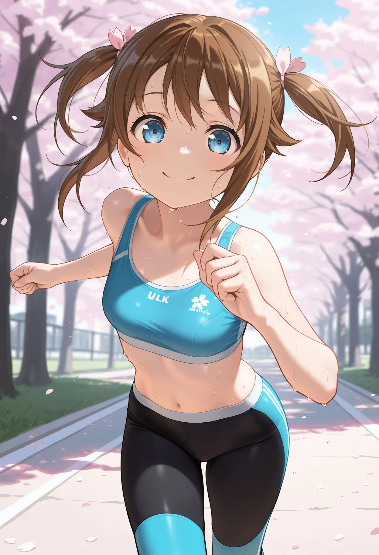 masterpiece,best quality,highres,ultra-detailed,aalingyin,long hair,twintails,hair ribbon,yellow ribbon,<lora:Huang_Lingyin:0.9>,sports bra,(leggings:1.2),outdoors,cherry blossoms,smile,sweat,running,