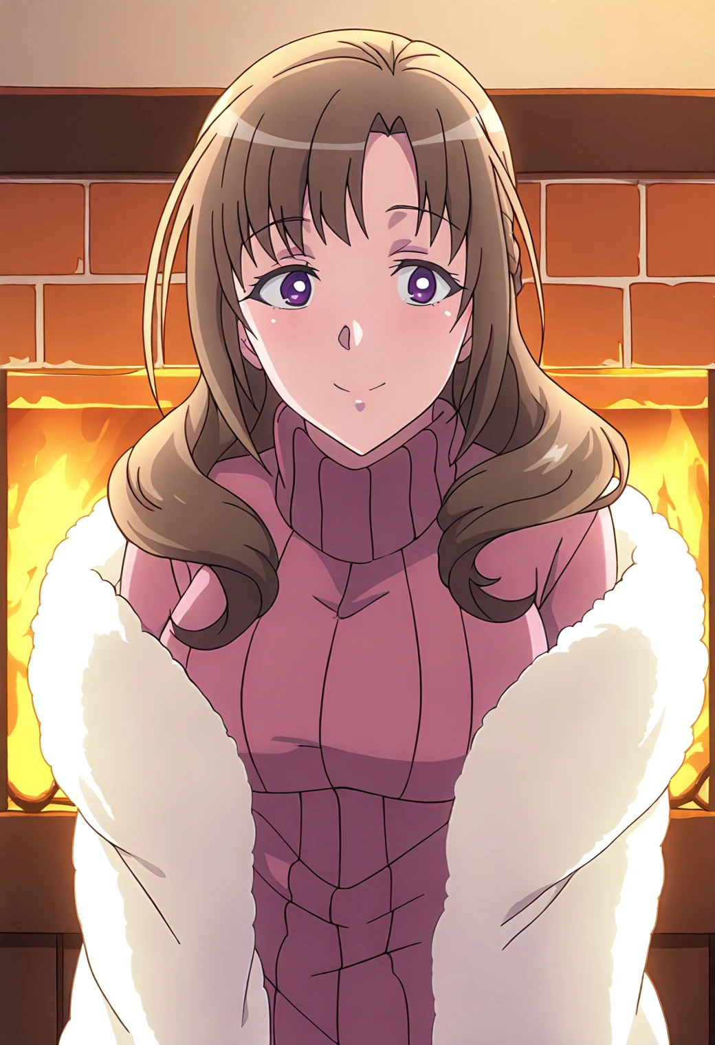 <lora:Mamako Oosuki - [Do You Love Your Mom and Her Two-Hit Multi-Target Attacks] - illustriousXL v1:1>, sysdeep_mamako, long hair, brown hair, purple eyes, mature, anime coloring, 1girl, solo, snowy cabin, fireplace glow, fluffy blanket, hot cocoa, thick sweater, cozy smile