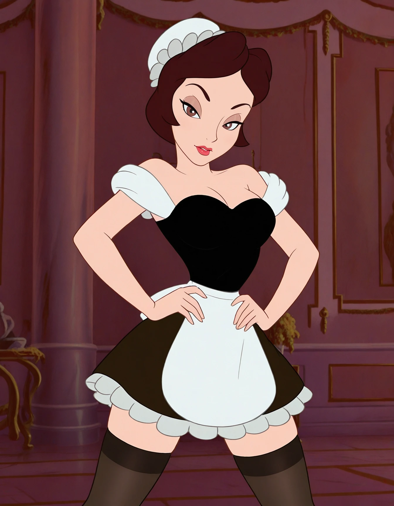 detailed, masterpiece, best quality, 
maid, skirt, thighhighs, 
indoors, 
1girl, solo, standing, looking at viewer, 
<lora:batb-babette:1>, xbabettex, brown hair, short hair, brown eyes, makeup, lipstick,